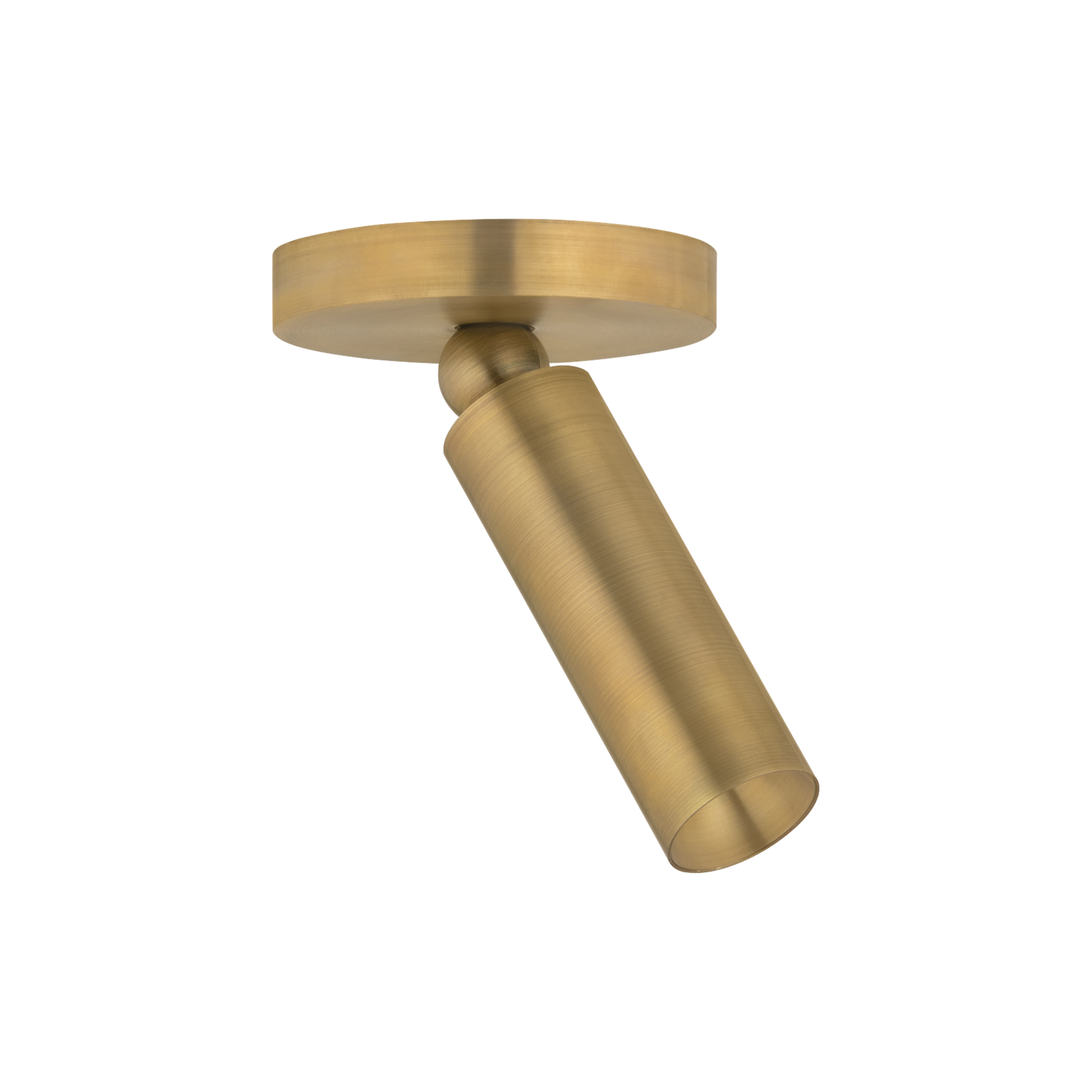 Luxe Pivot Flush Mount Brass adjustable ceiling spotlight with brushed brass cylindrical shade angled on a pivoting joint for directional lighting.