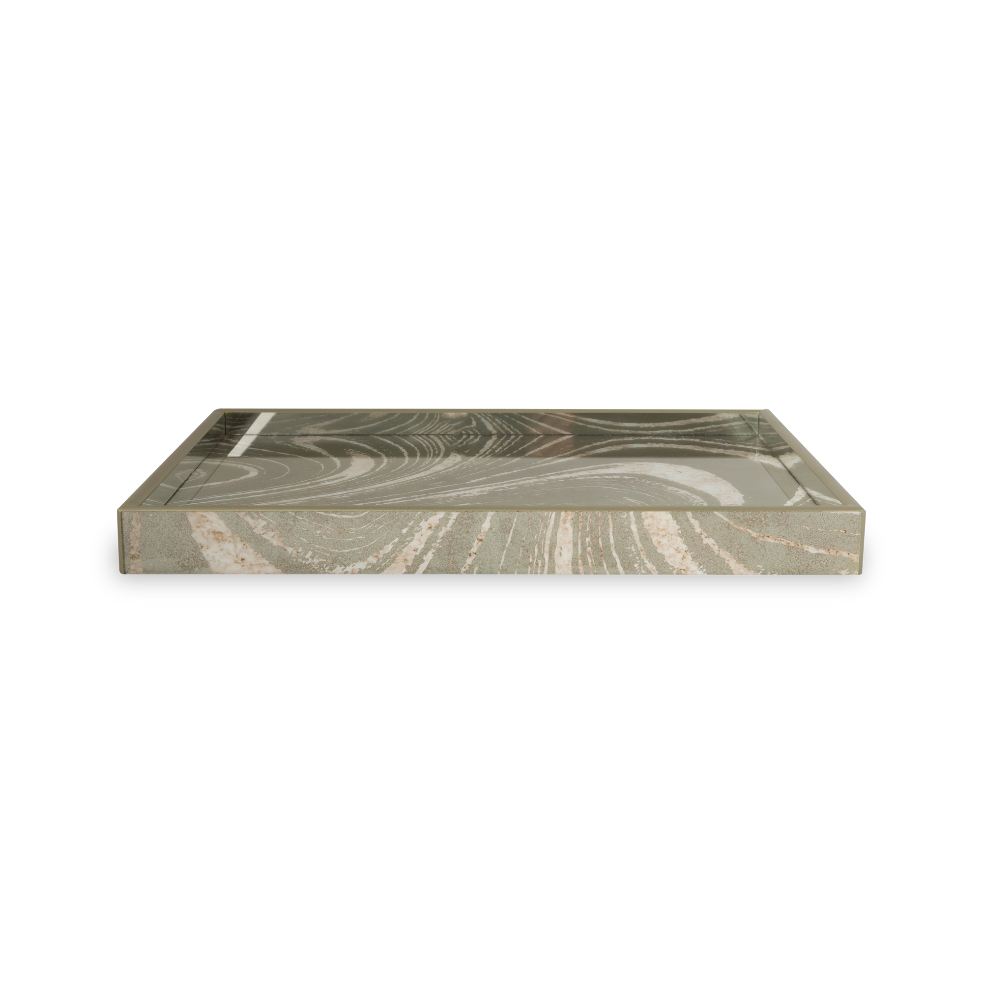 The Mirror Damask Glass Tray features a unique fluid swirl of beige and gold creating a natural colour contrast in a rectangular shape.