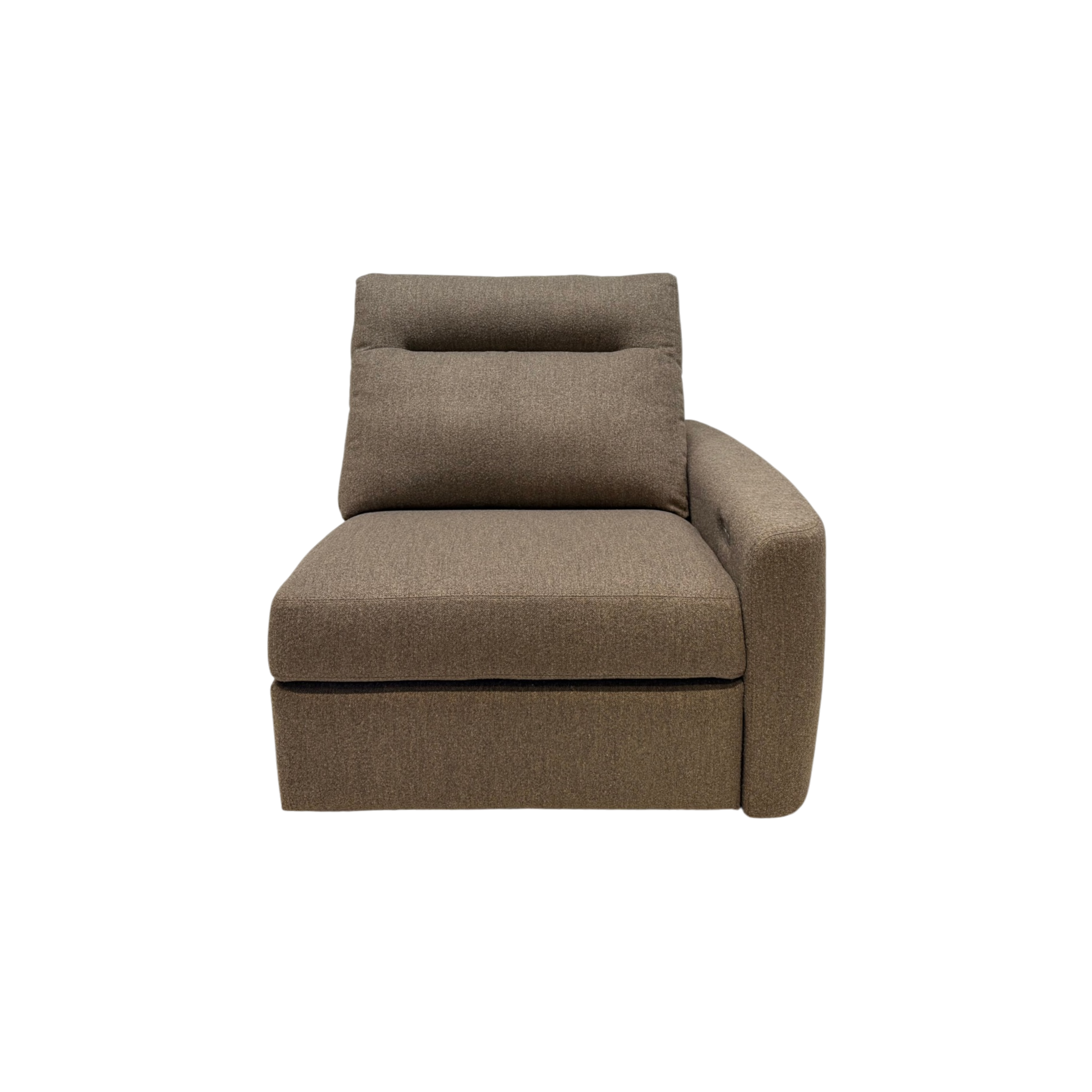 A modern low-profile armchair with a high backrest and a matching accent pillow, upholstered in a textured taupe-brown fabric, shown against a plain white background.