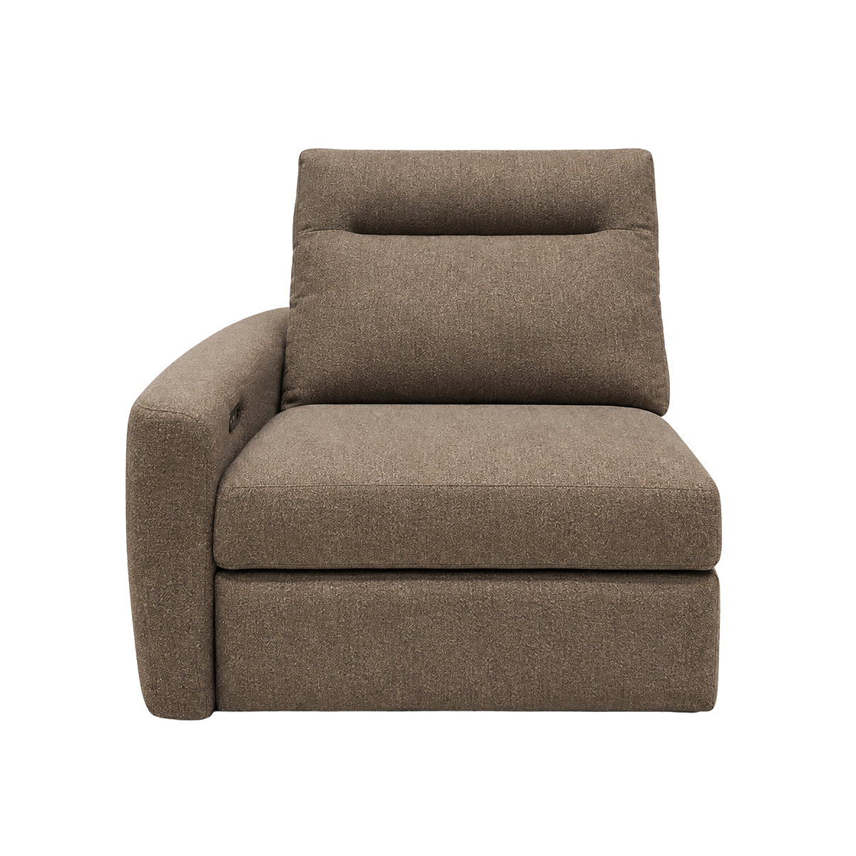 Keystone Reclining LAF Chair in heathered taupe-brown, front view showing the rounded arm, power-reclining seat, and open connecting end.