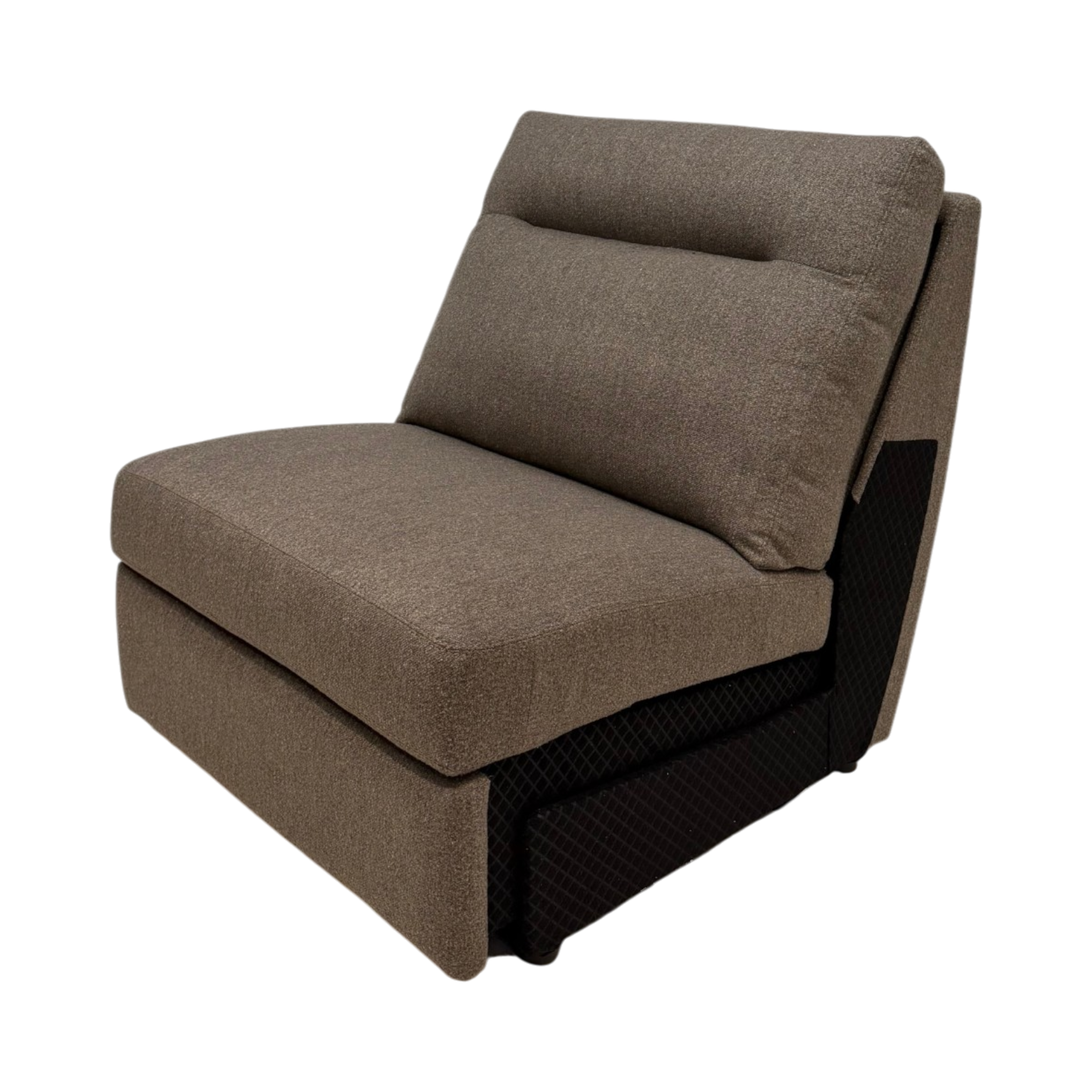 A modern low-profile accent chair in textured taupe-brown fabric with a dark charcoal mesh side panel, shown on a plain white background.