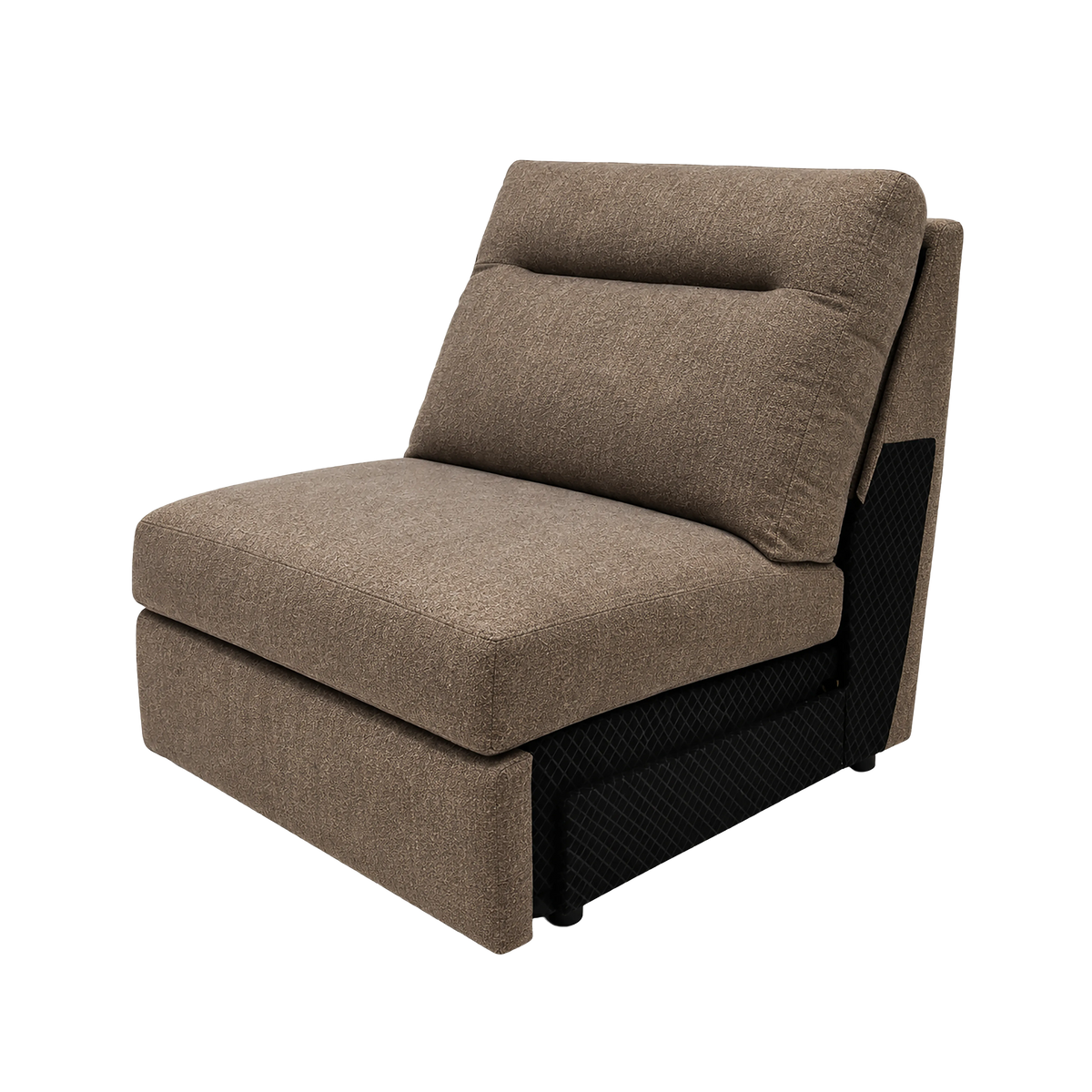 Keystone Reclining Armless Chair in heathered taupe-brown, angled view showing the power-reclining footrest extended and heathered woven texture.