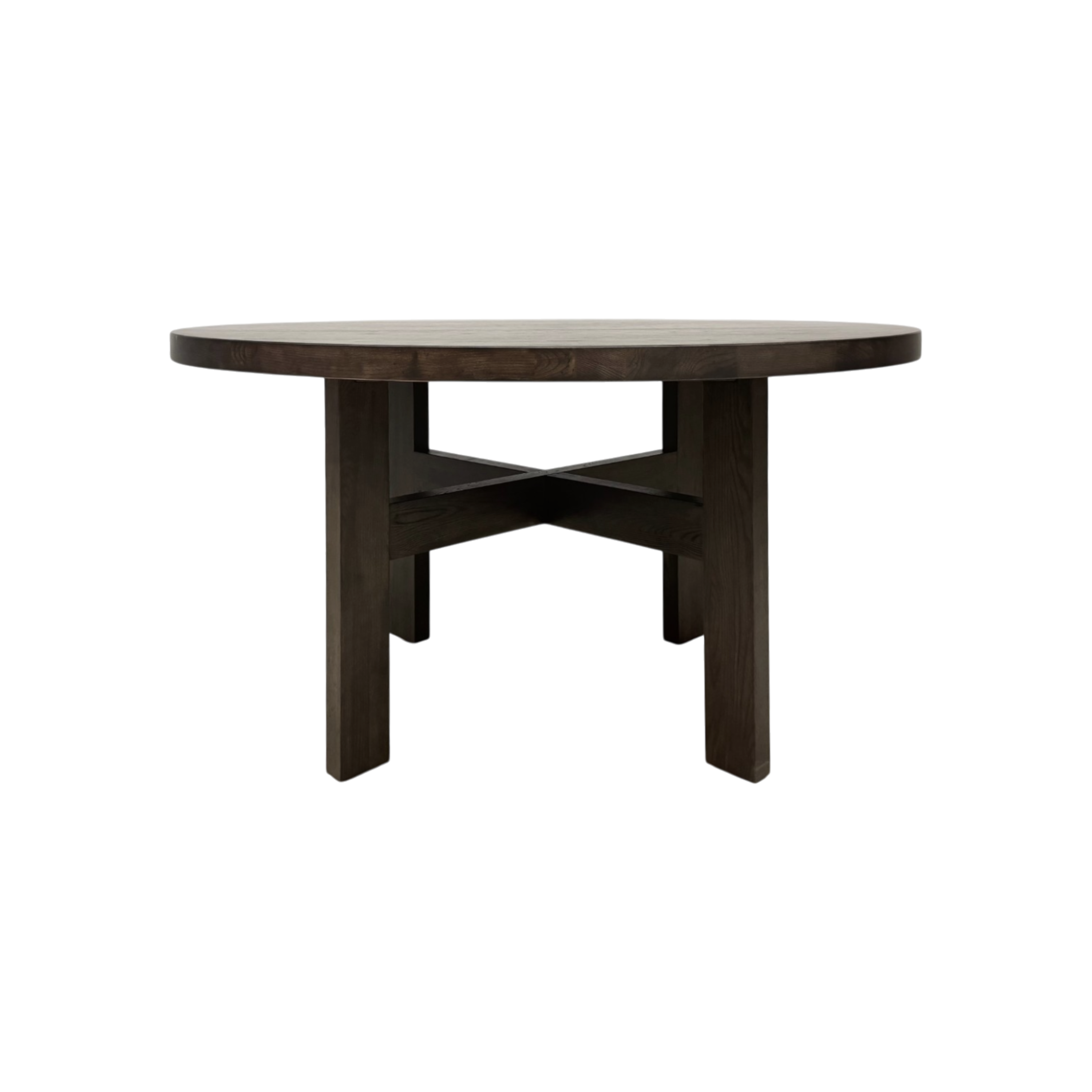 Chino Dining Table in smoked ash with round top, four square legs and crossed stretcher base.