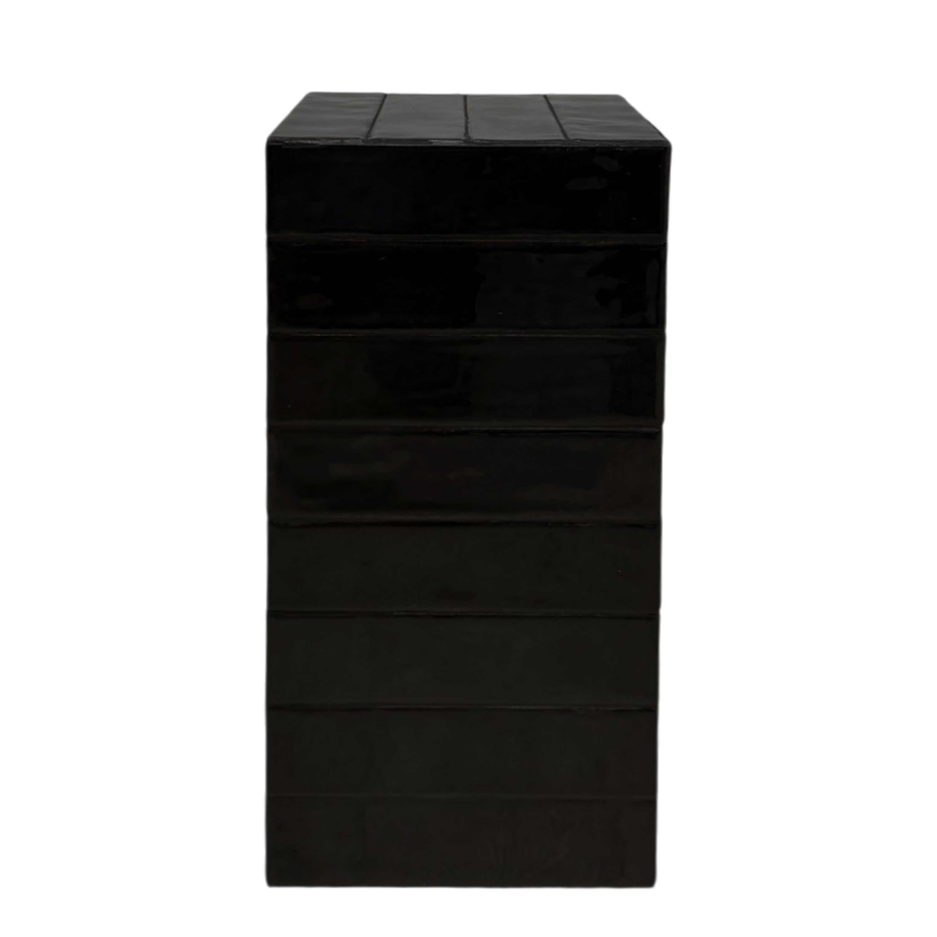 Bloor Side Table in deep black, shown front-facing with a tall rectangular silhouette, horizontal banding and segmented top.