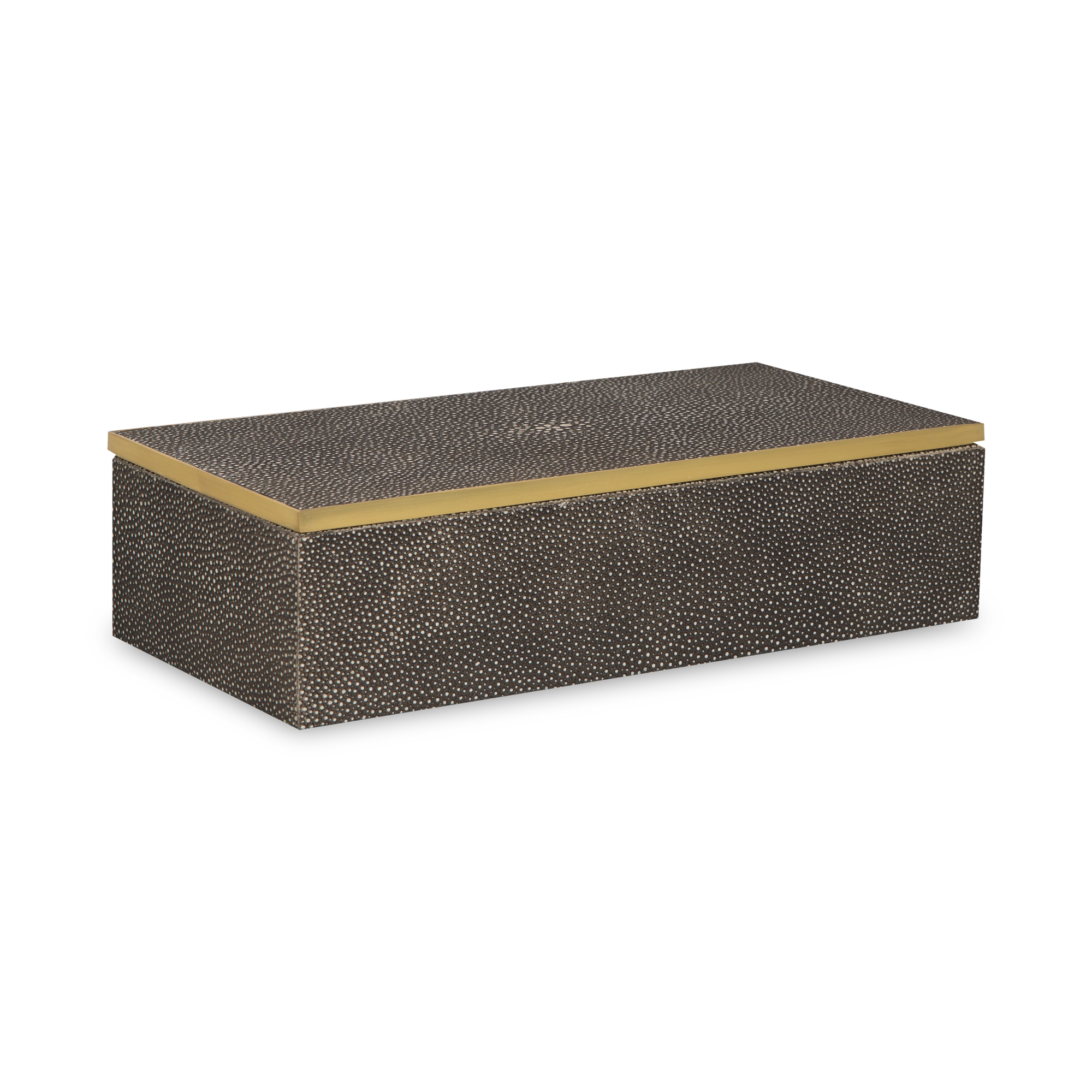 Stay organized with this  box wrapped in luxurious shagreen with brass accents and velvet backing.