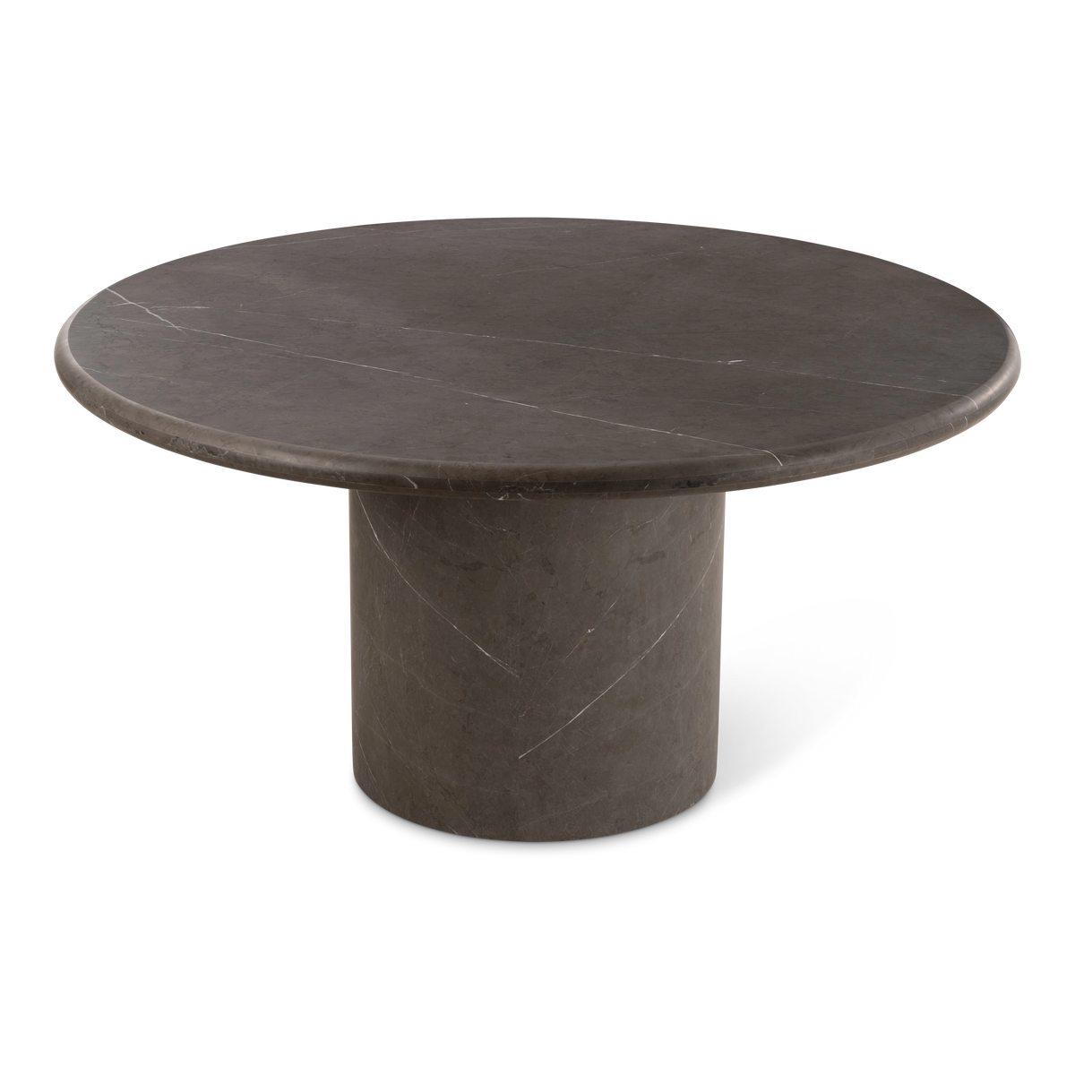 Aldo Dining Table in warm gray Petra Grey marble, angled slightly from above to show thin white veins running across the round top.