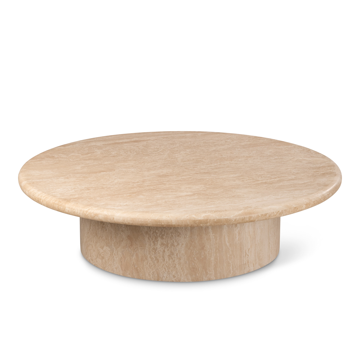Aldo Coffee Table in warm beige Turkish travertine, angled slightly from above.