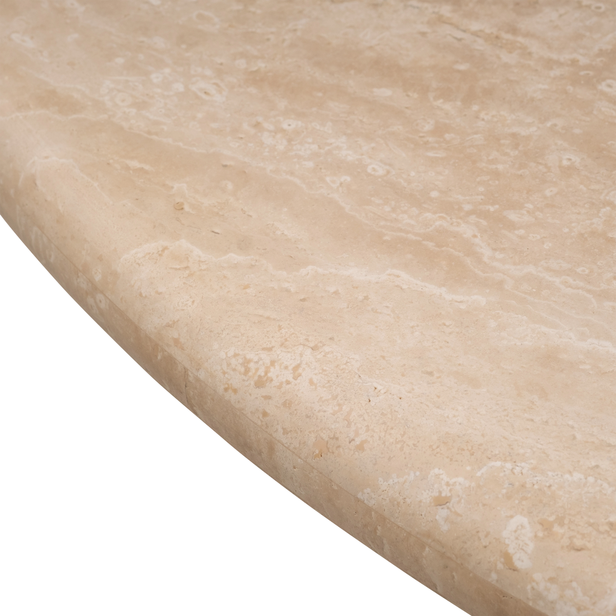 Aldo Coffee Table close-up of the tabletop's rounded edge in warm beige Turkish travertine, showing fibrous cream veining and small natural pores.
