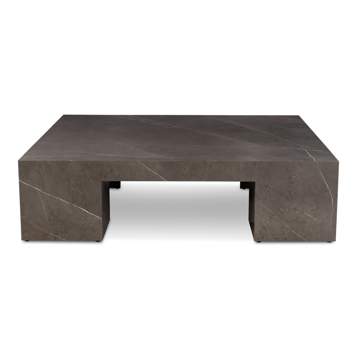 Duvall Coffee Table shown from the front in warm gray Petra Grey marble, with a thick square top and block legs framing an open center.
