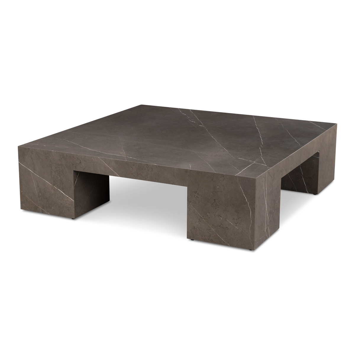 Duvall Coffee Table angled view in warm gray Petra Grey marble, highlighting the four block legs and thin white veins running across the square top.