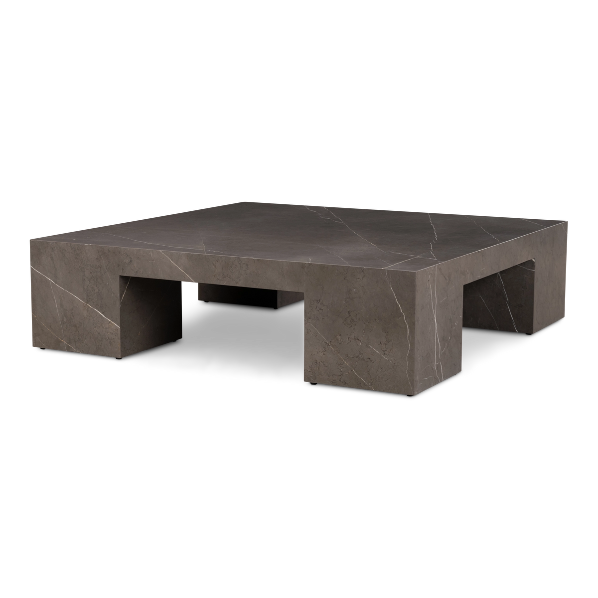 Duvall Coffee Table in warm gray Petra Grey marble, angled low to show the open sides beneath its slab top and veining carried down each leg.