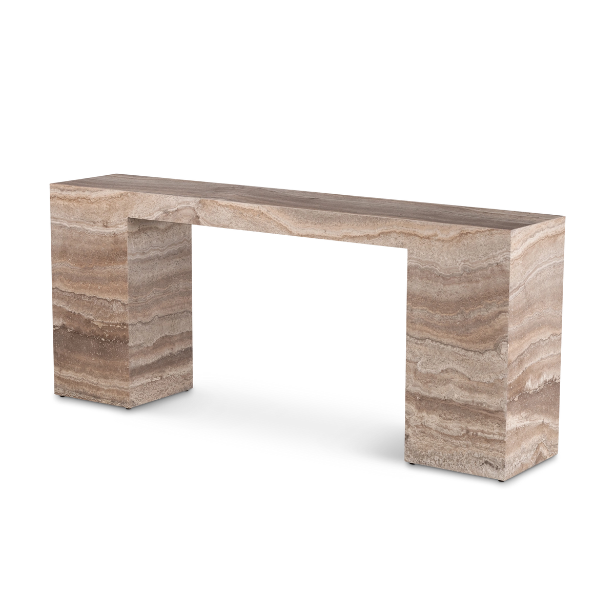 Duvall Console Table shown in an angled view in Taupe travertine, highlighting the long slab top, the two block legs, and wavy tan and cream banding along the front edge.