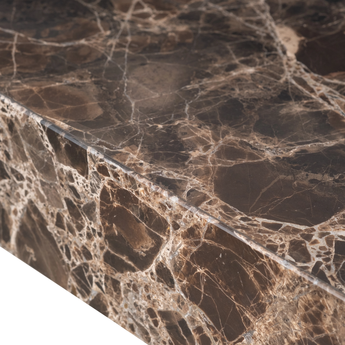Shift Console Table close-up of the top edge in chocolate brown Dark Emperador marble, showing crisp edges and fine cream veining across the honed surface.