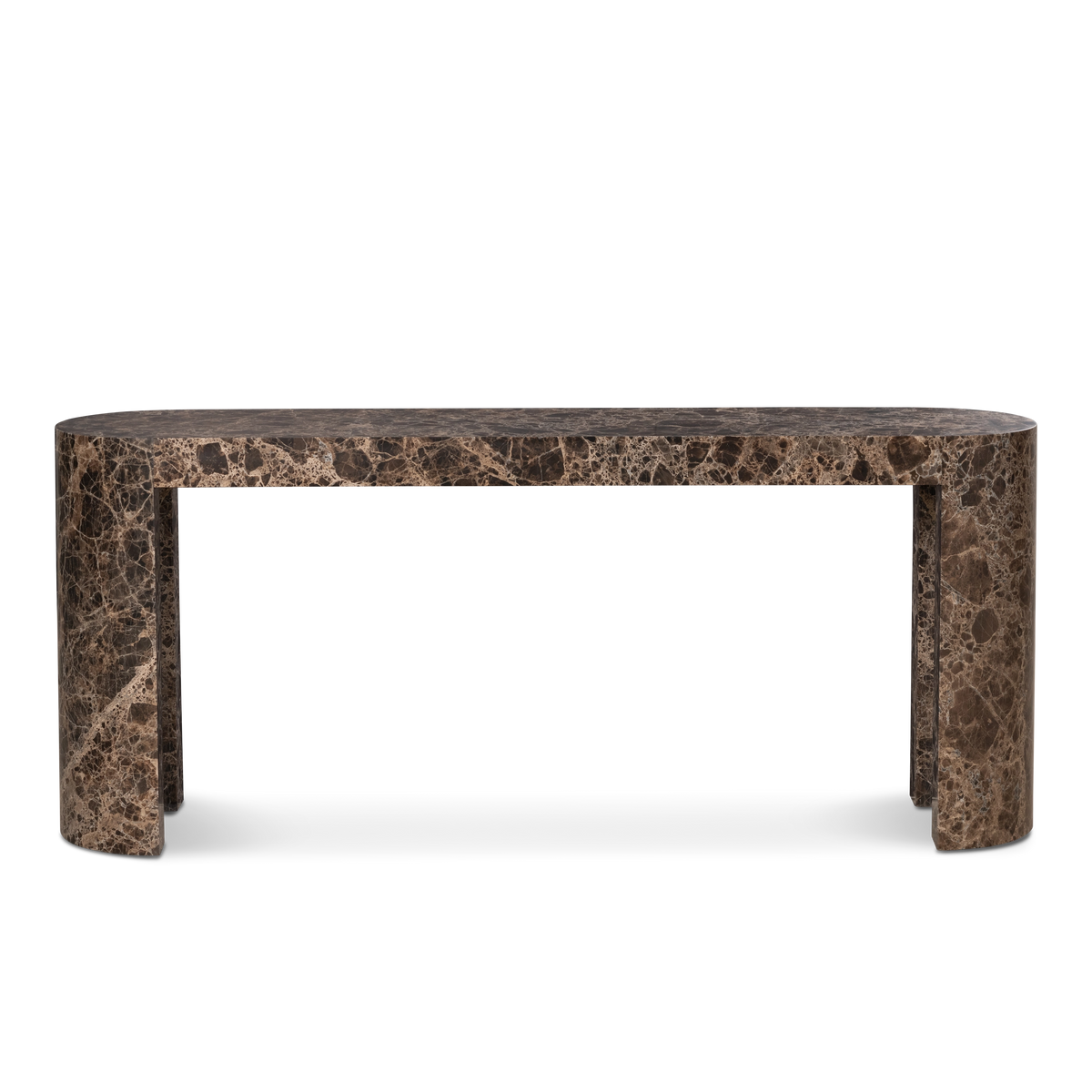 Shift Console Table shown from the front in chocolate brown Dark Emperador marble, with a long top spanning two half-round legs.