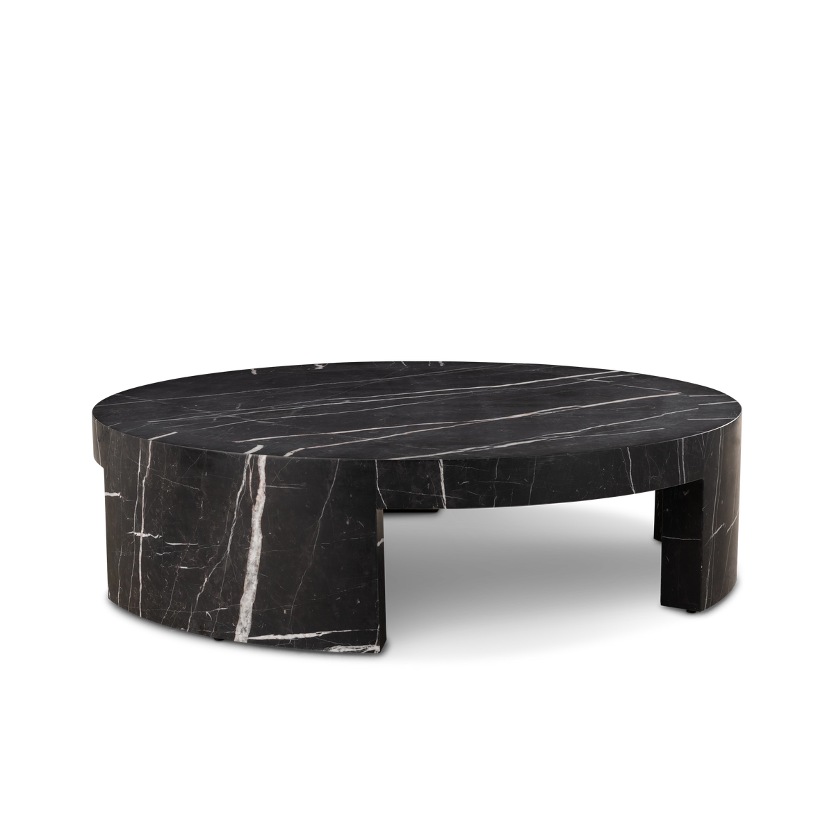 Shift Coffee Table in Black Nero Marquina marble from a lower angle, showing the full profile with the thick vertical vein on the leg and the open space beneath the top.
