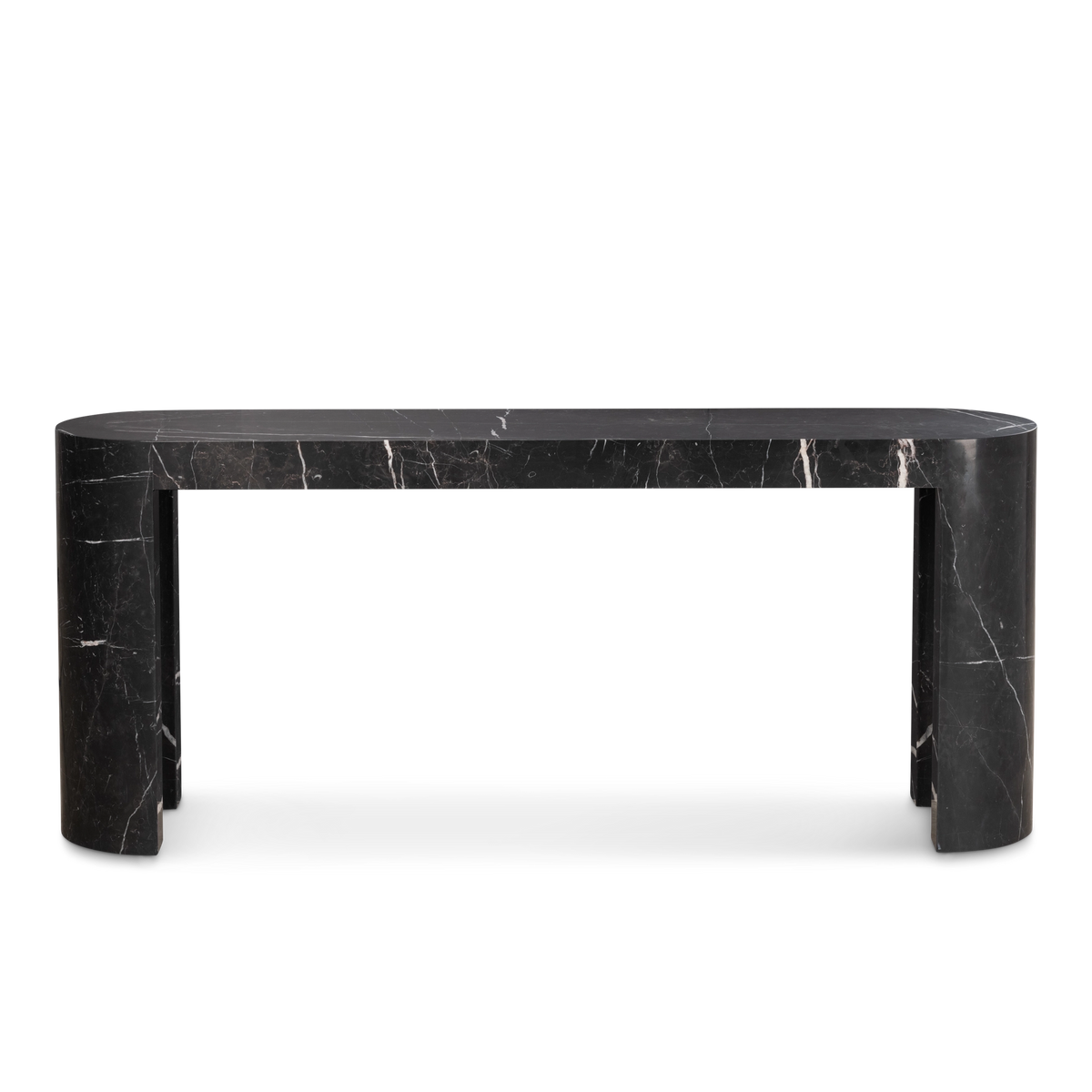 Shift Console Table shown from the front in black Nero Marquina marble, with a long top spanning two half-round legs.