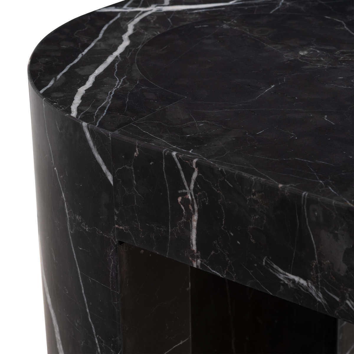 Shift Console Table close-up of the top's rounded end in black Nero Marquina marble, showing crisp edges and white veining meeting the apron.