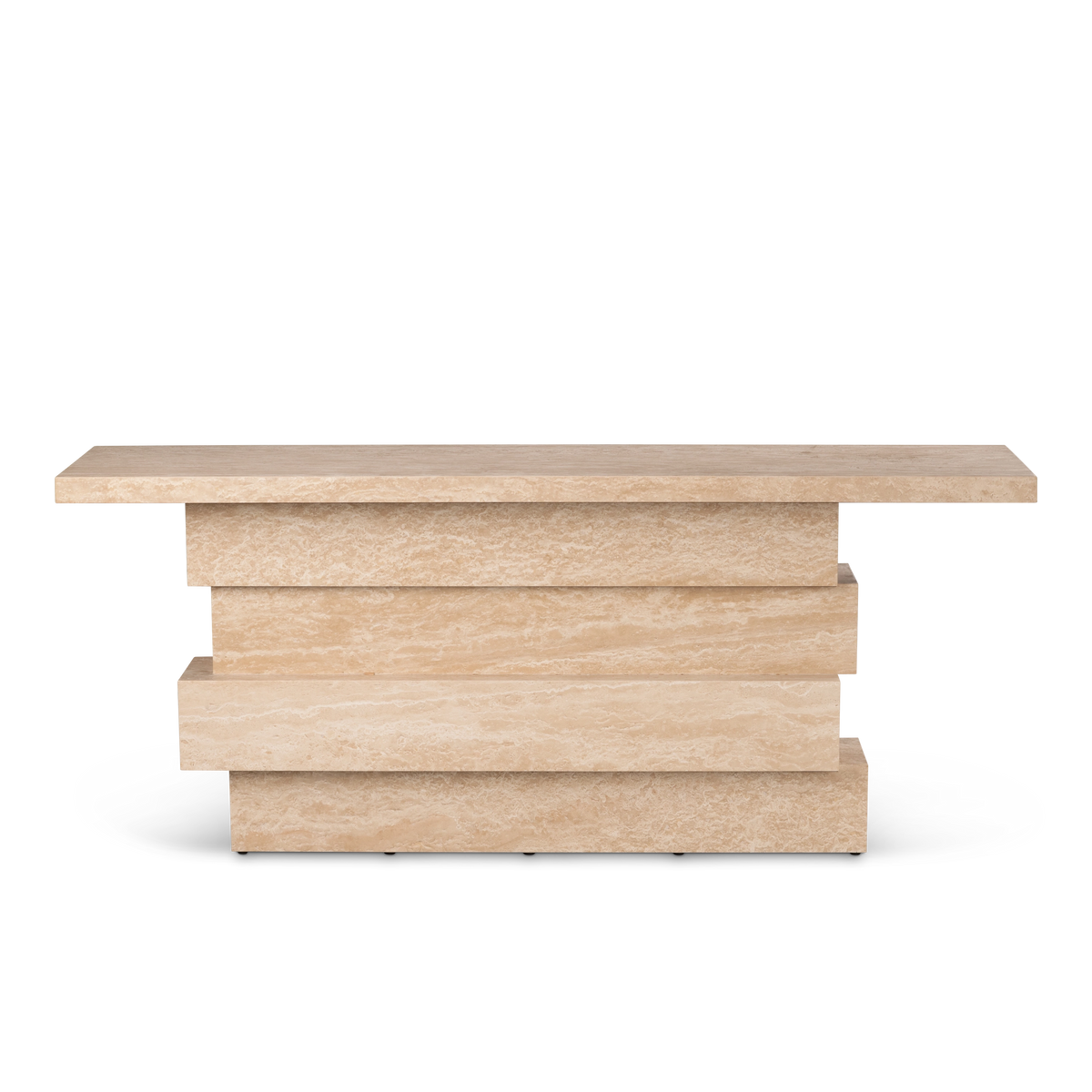 Balance Console Table close-up showing warm beige Turkish travertine with cream veining, natural pores, and small ring-shaped inclusions on a honed surface.