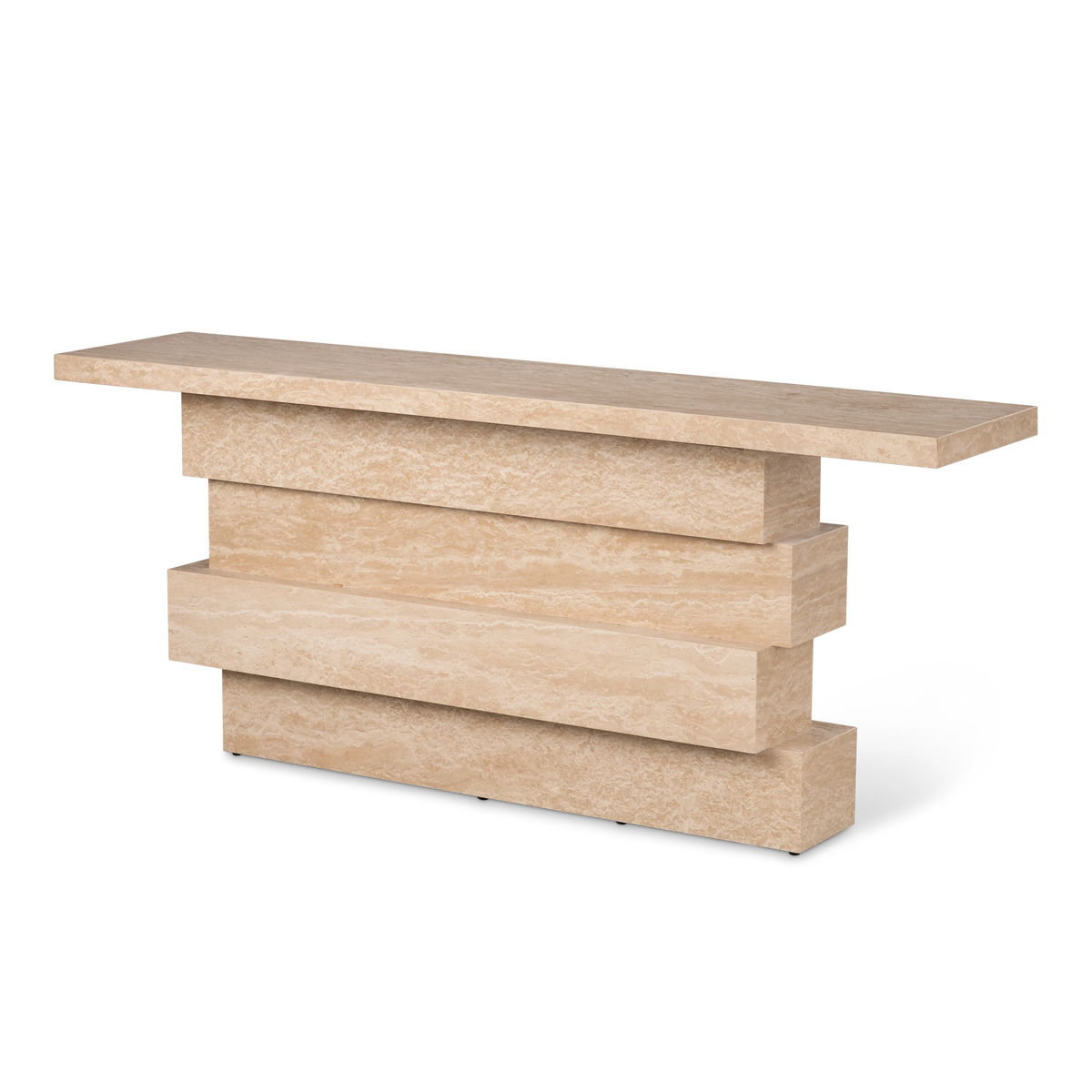 Balance Console Table shown from the front in warm beige Turkish travertine, with a long slab top over four offset stacked blocks lined with horizontal cream veining.