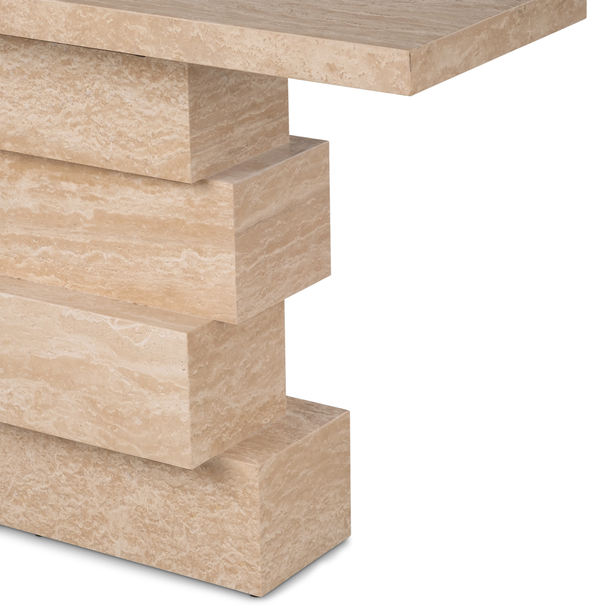 Balance Console Table side profile in warm beige Turkish travertine, showing the slim top slab and staggered blocks stepping in and out beneath it.