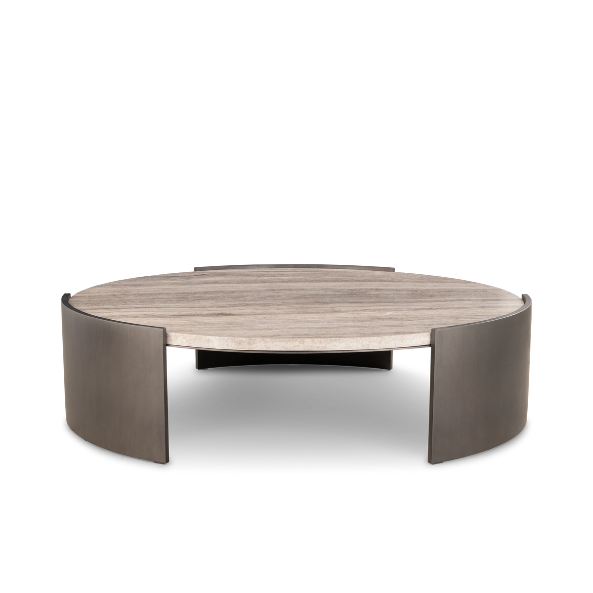 Beam Coffee Table shown straight on in Aged Pewter brushed metal with two curved side panels, an open center and a cream travertine top with horizontal veining