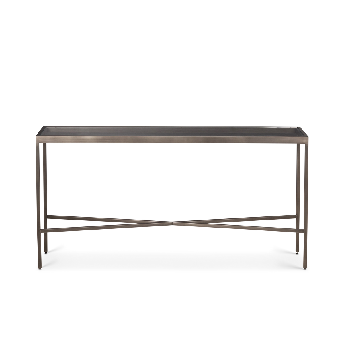 Close-up showing the top edge of the Tenor Console Table in Aged Pewter, where the clear glass sits inside the brushed metal frame.