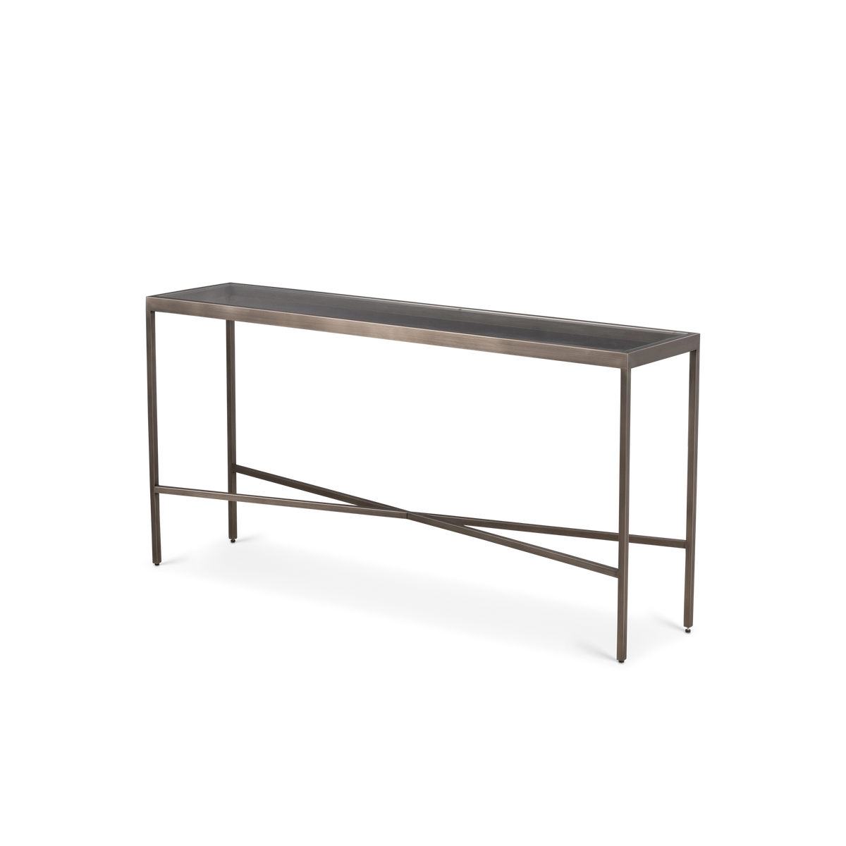 Tenor Console Table shown from the front in Aged Pewter, with the slim glass top, the brushed metal frame, and the crisscross stretcher between the legs.