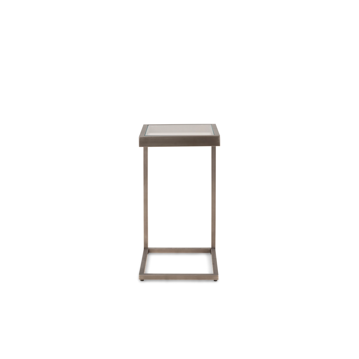 Close-up showing the Tenor Pull Up Table's mitered Aged Pewter metal corner, clear glass with a blue-green edge, and the vertical post meeting the base.