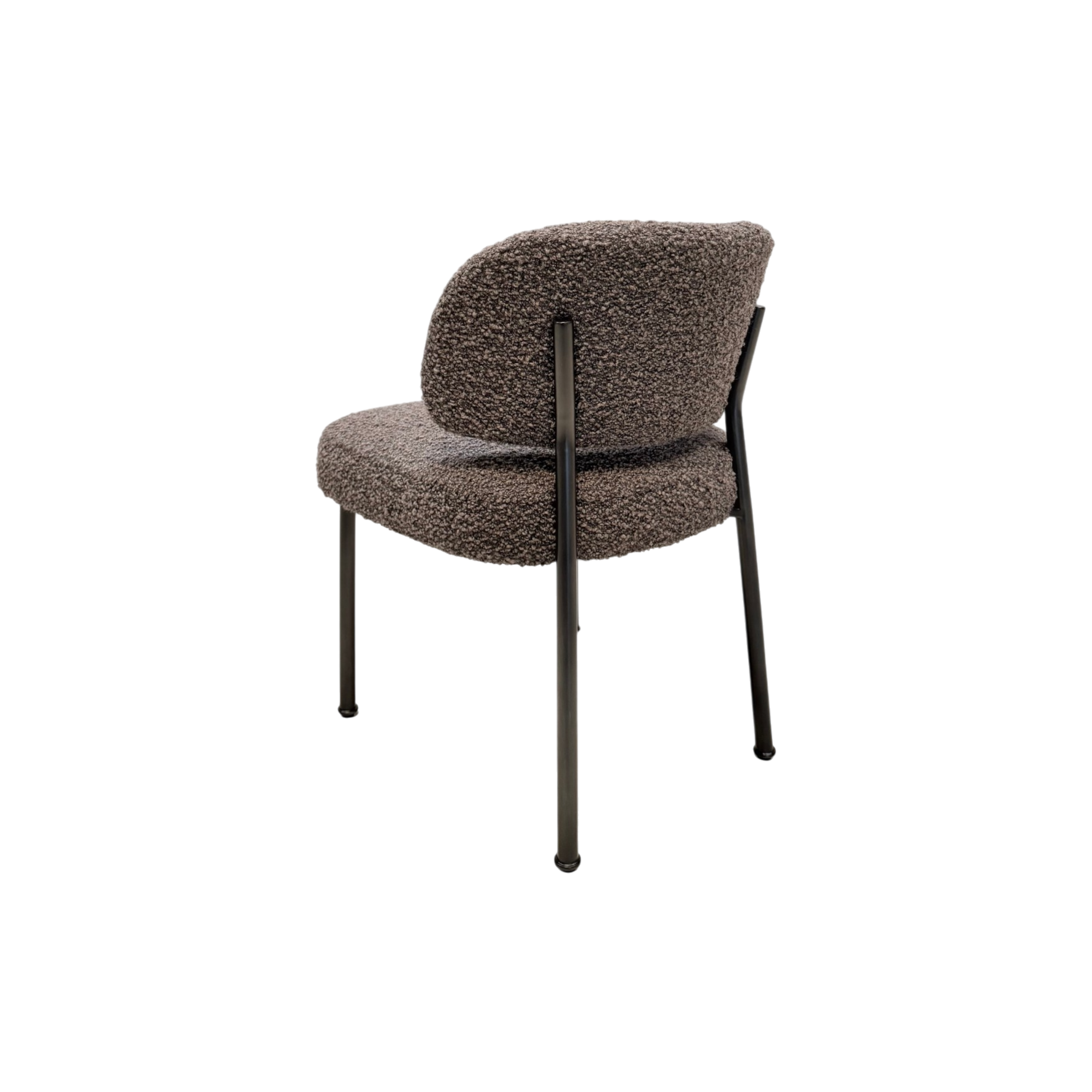 A modern upholstered dining chair with a textured, boucle-style seat and curved backrest in a dark brown and gray speckled pattern, supported by slim black metal legs, shown against a plain white background.