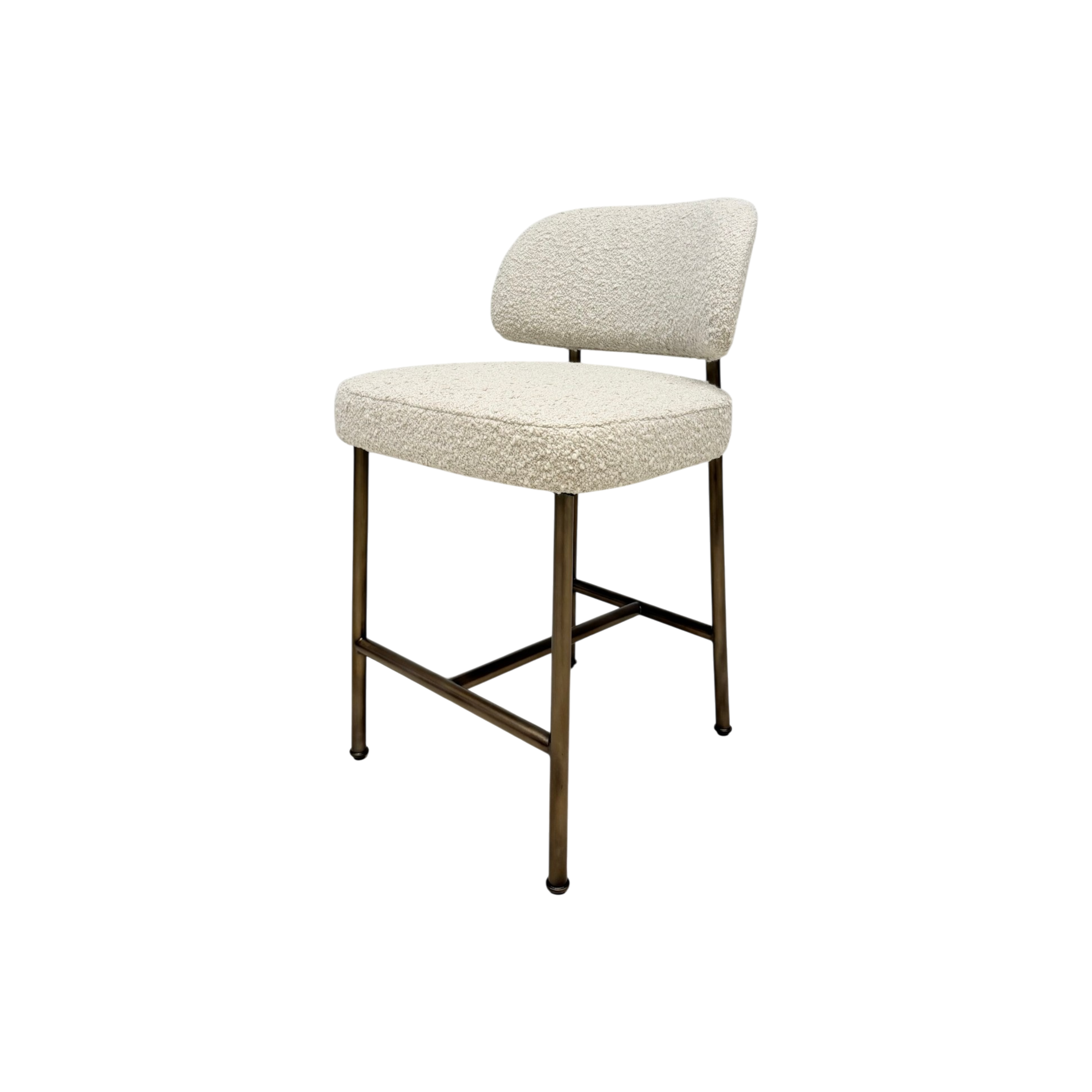 A modern bar stool with a textured bouclé upholstered seat and curved backrest, supported by a slim bronze metal frame.