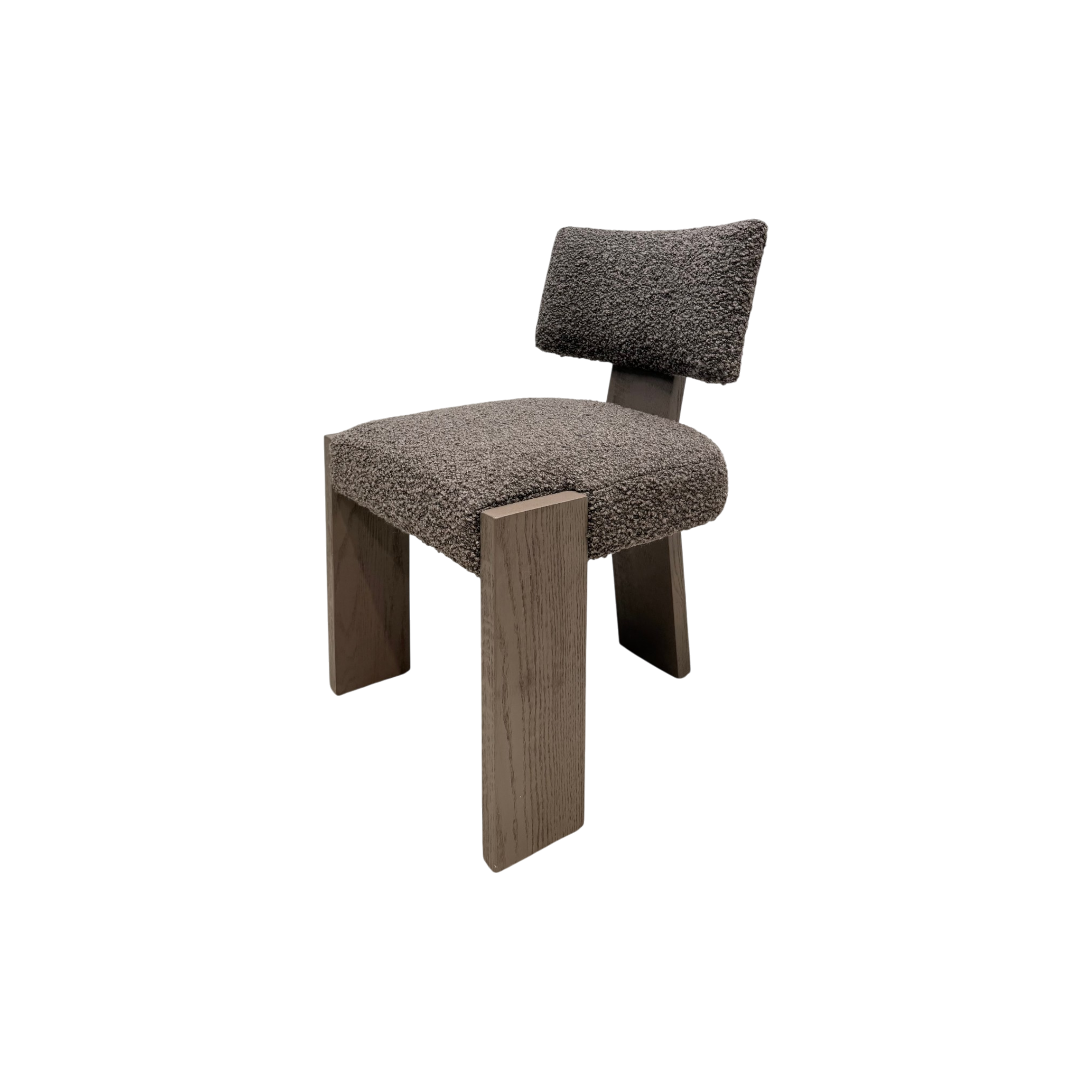 A modern accent chair with a textured, bouclé-look seat and backrest in a dark gray-brown tone, supported by a solid wood frame with a medium brown finish, shown against a plain white background.