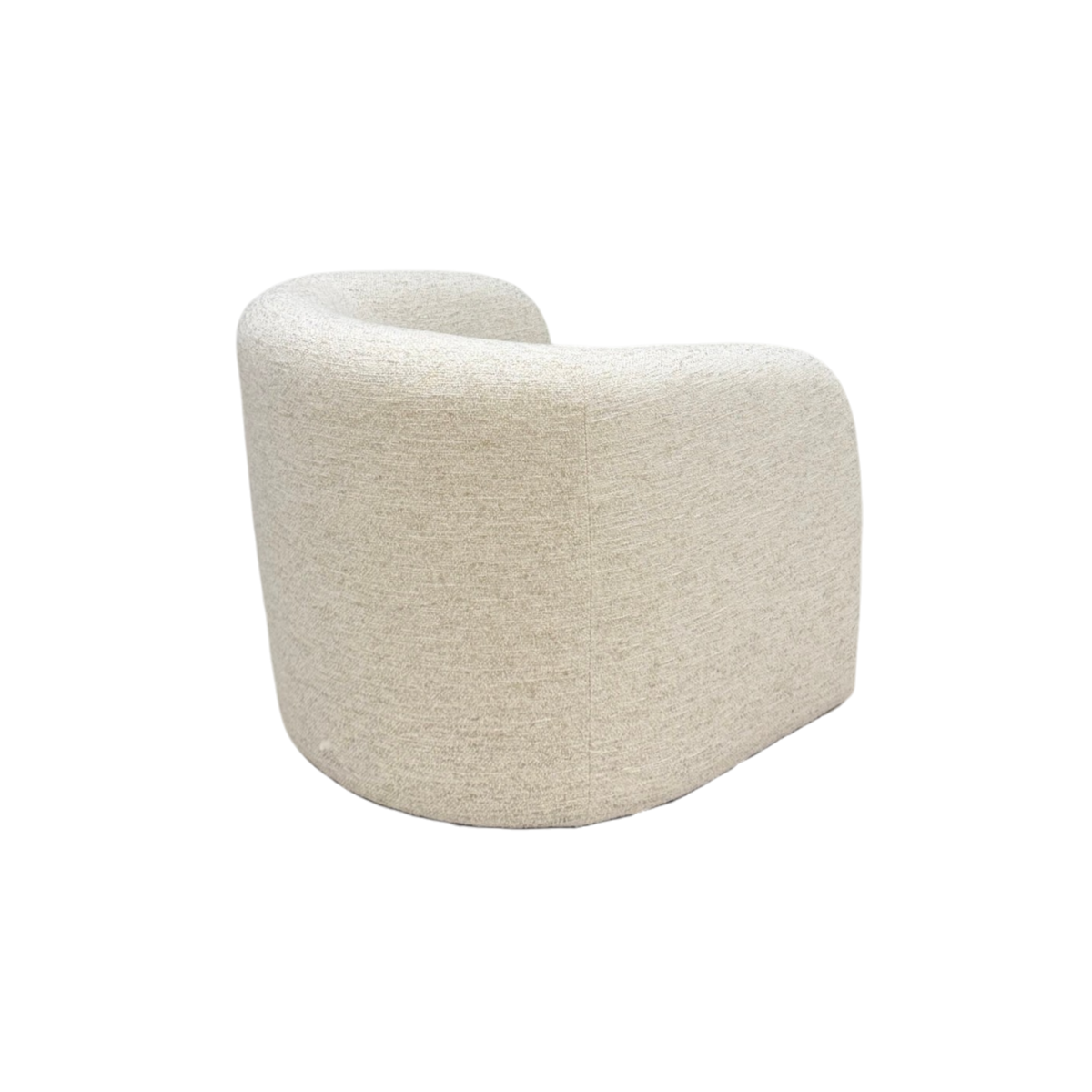 Rear view of Sigma Lounge Chair showing the continuous curved back upholstered in textured Grey Oak fabric.