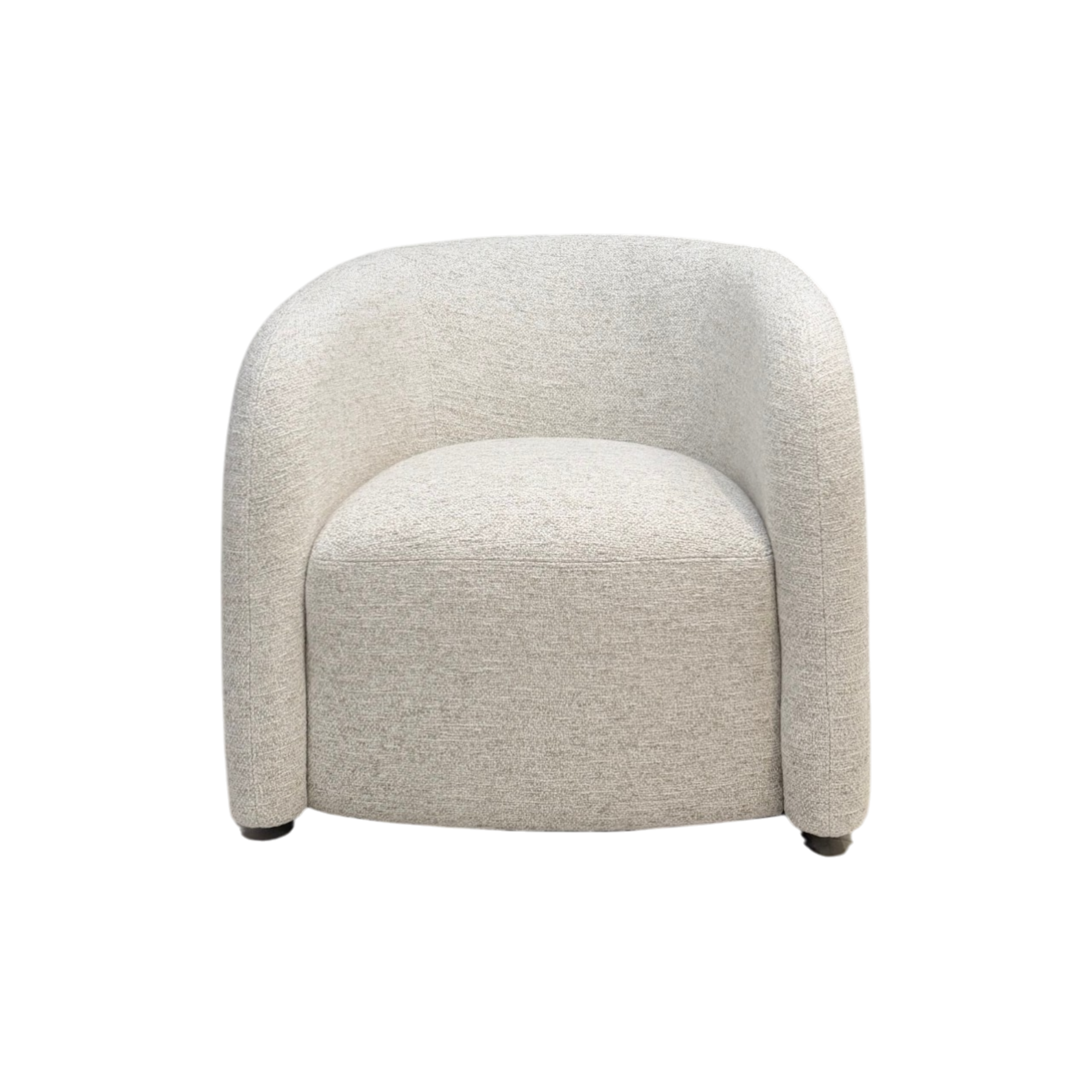 Front view of Sigma Lounge Chair with rounded barrel silhouette, integrated curved arms and upholstered seat in Grey Oak.