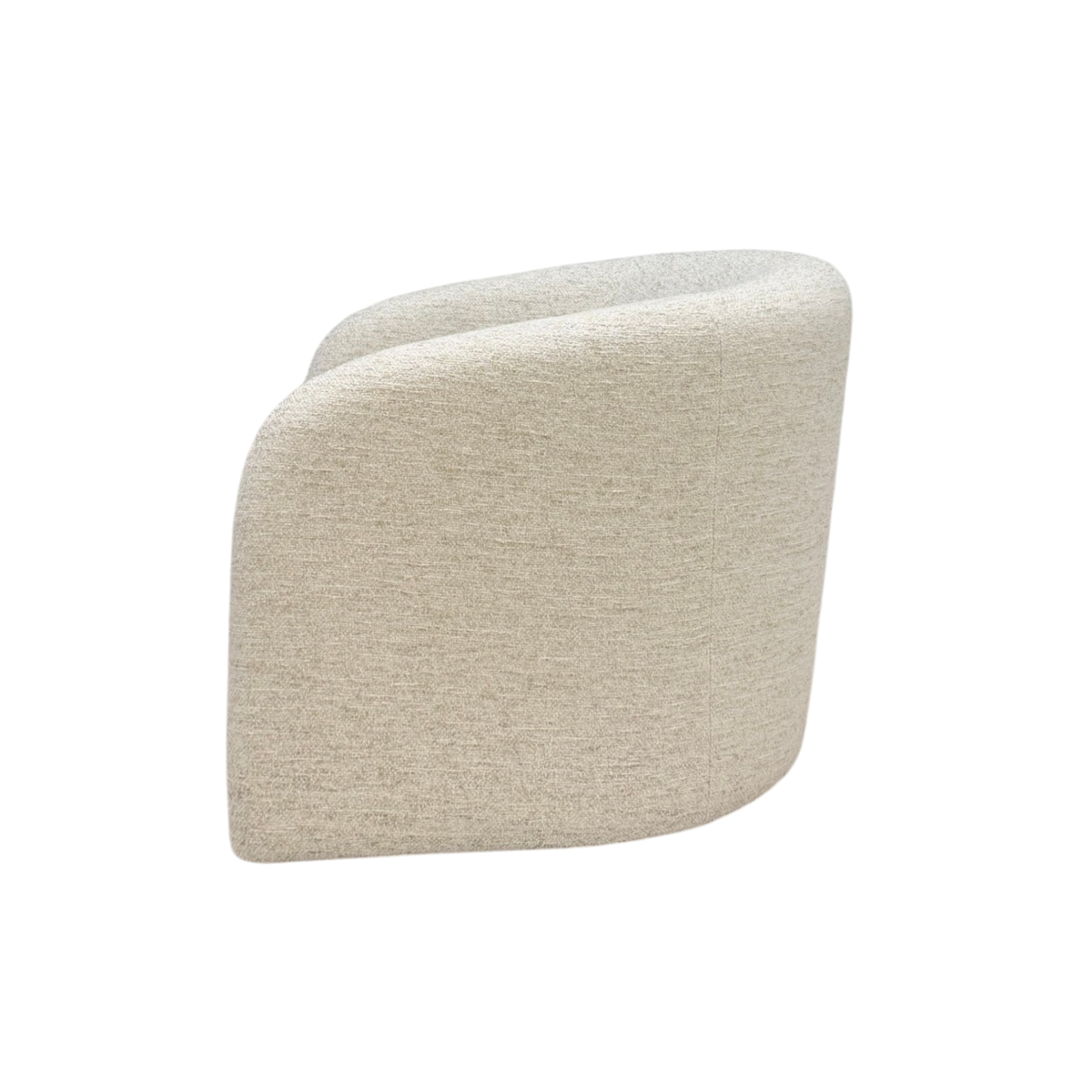 Side view of Sigma Lounge Chair highlighting the smooth curved back and fully upholstered Grey Oak finish.