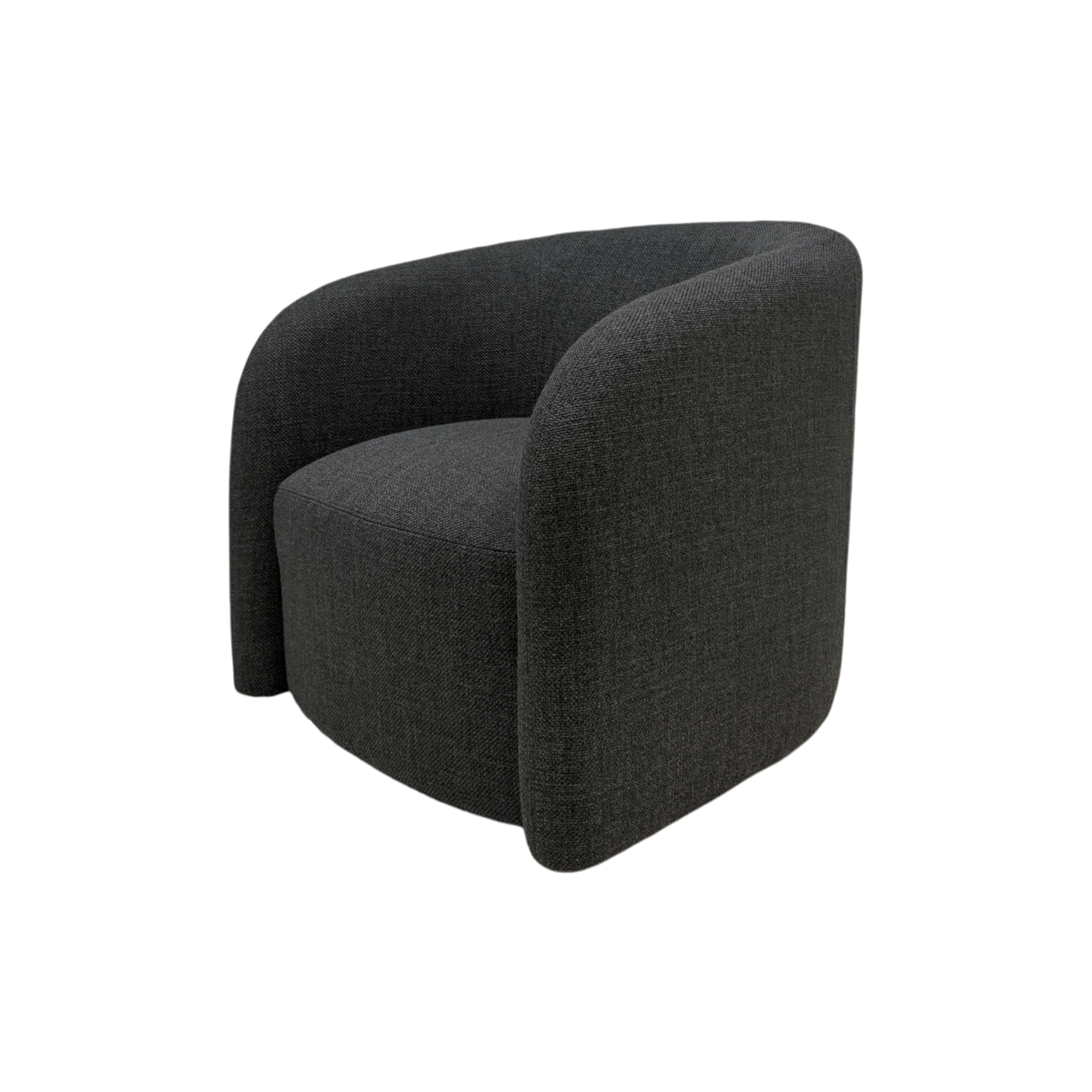 Angled front view of Sigma Lounge Chair in Ebony Oak highlighting its sculptural barrel shape, rounded seat, and charcoal textured fabric.