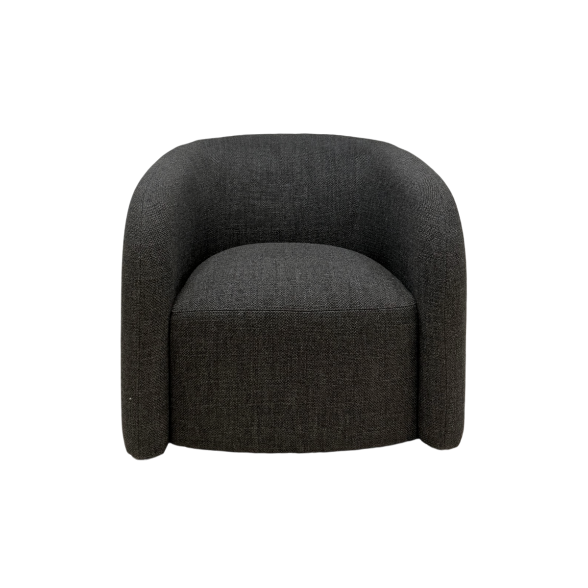 Front view of Sigma Lounge Chair in Ebony Oak with a curved back, wraparound arms, and upholstered seat.