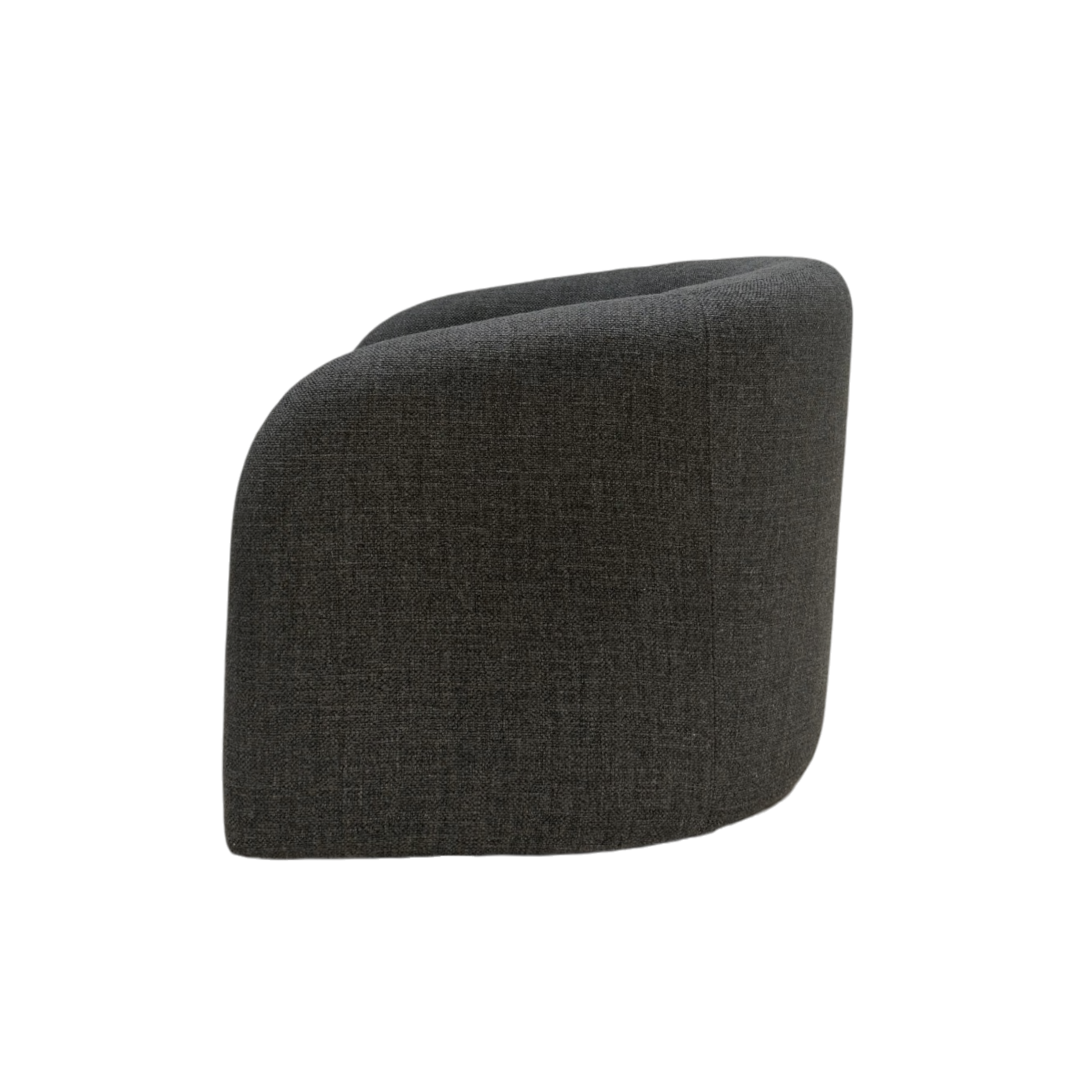 Side view of Sigma Lounge Chair showing its softly angled arms, upright back, and rounded barrel-shaped profile in textured charcoal upholstery.