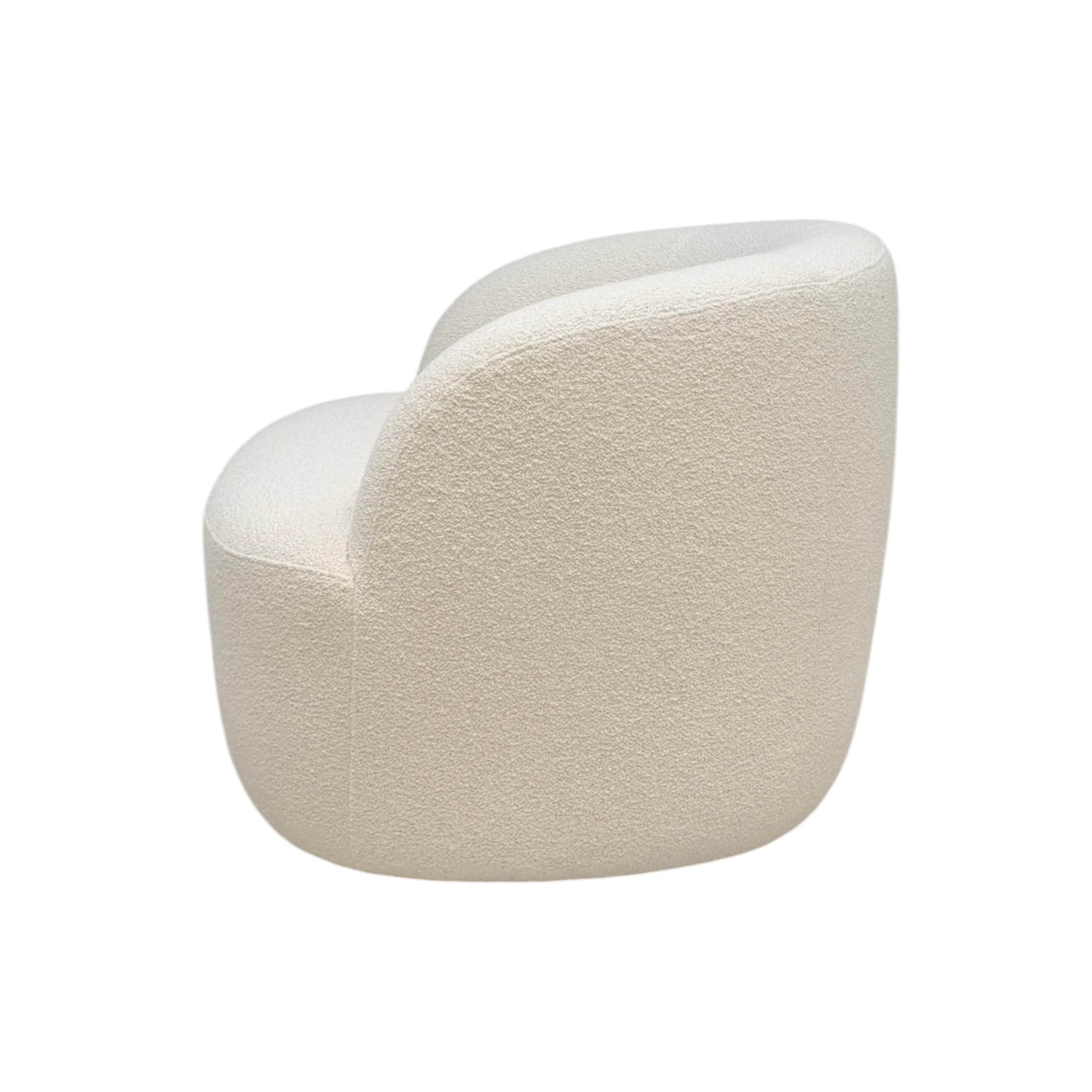 Side view of Arcus Swivel Chair showing the sculpted curved back, rounded base and textured Grey Oak upholstery.