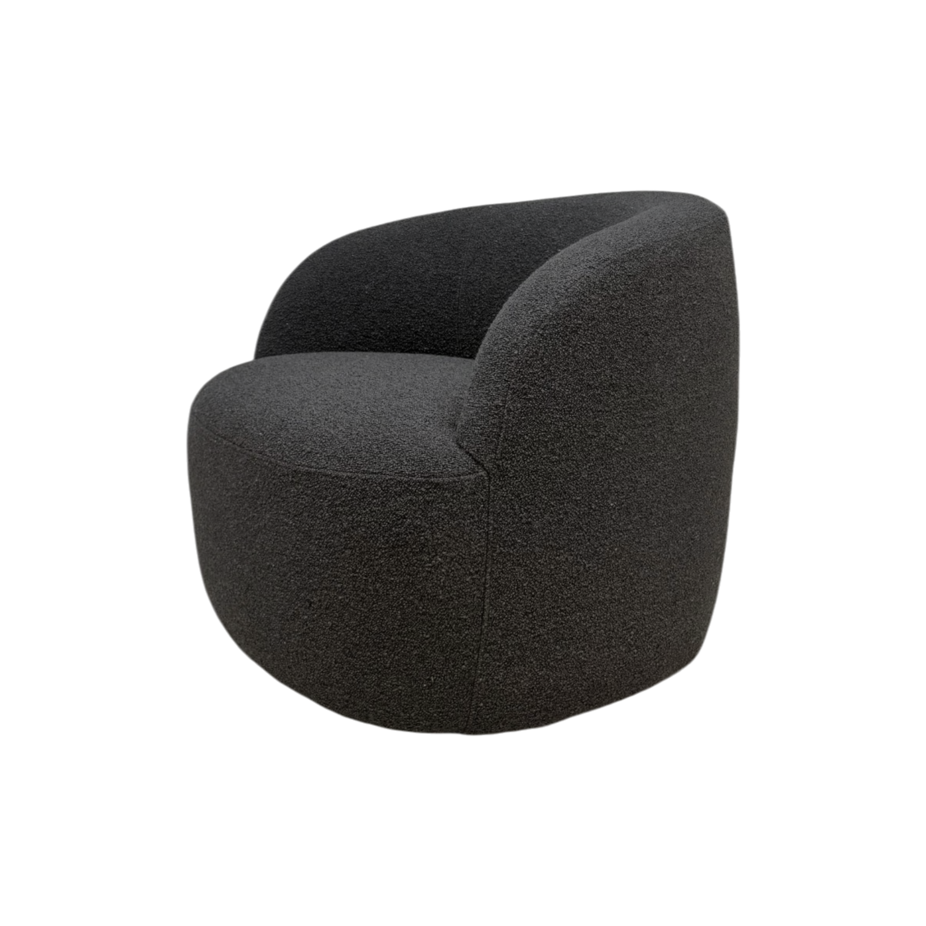 Angled view of the Arcus Swivel Chair showing its sculptural curved form and deep charcoal fabric upholstery.