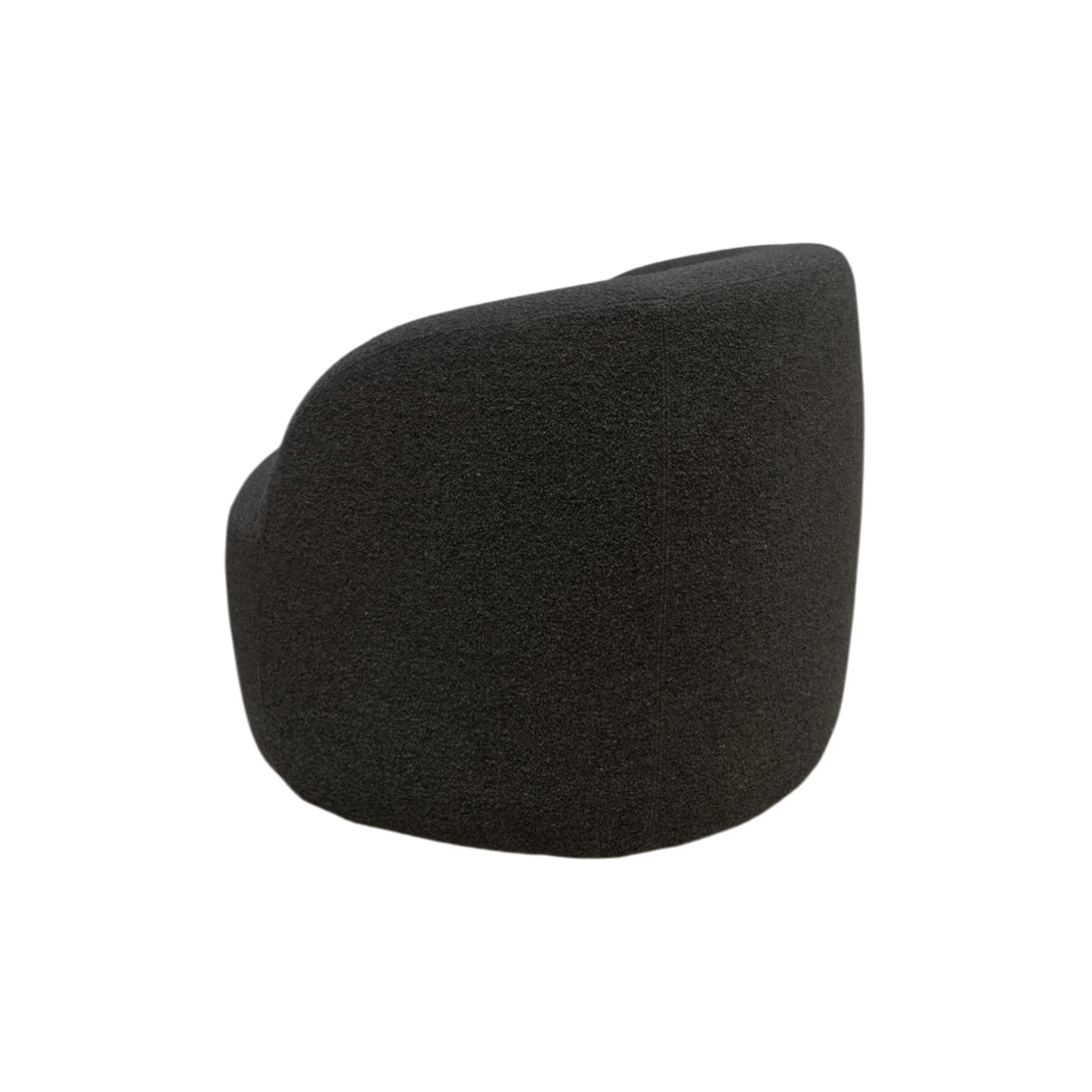 Arcus Swivel Chair shown from the back, highlighting its rounded curved silhouette and deep charcoal textured upholstery.