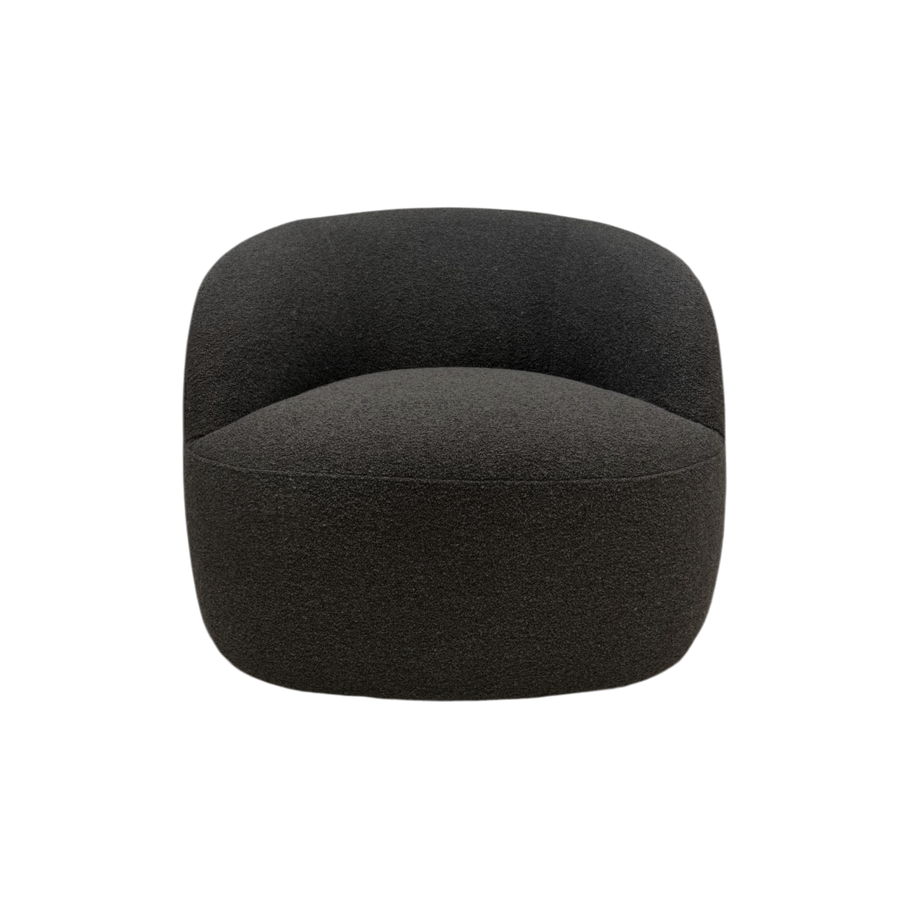 Front view of the Arcus Swivel Chair in deep charcoal fabric, showing its curved back, wraparound sides, and rounded seat.