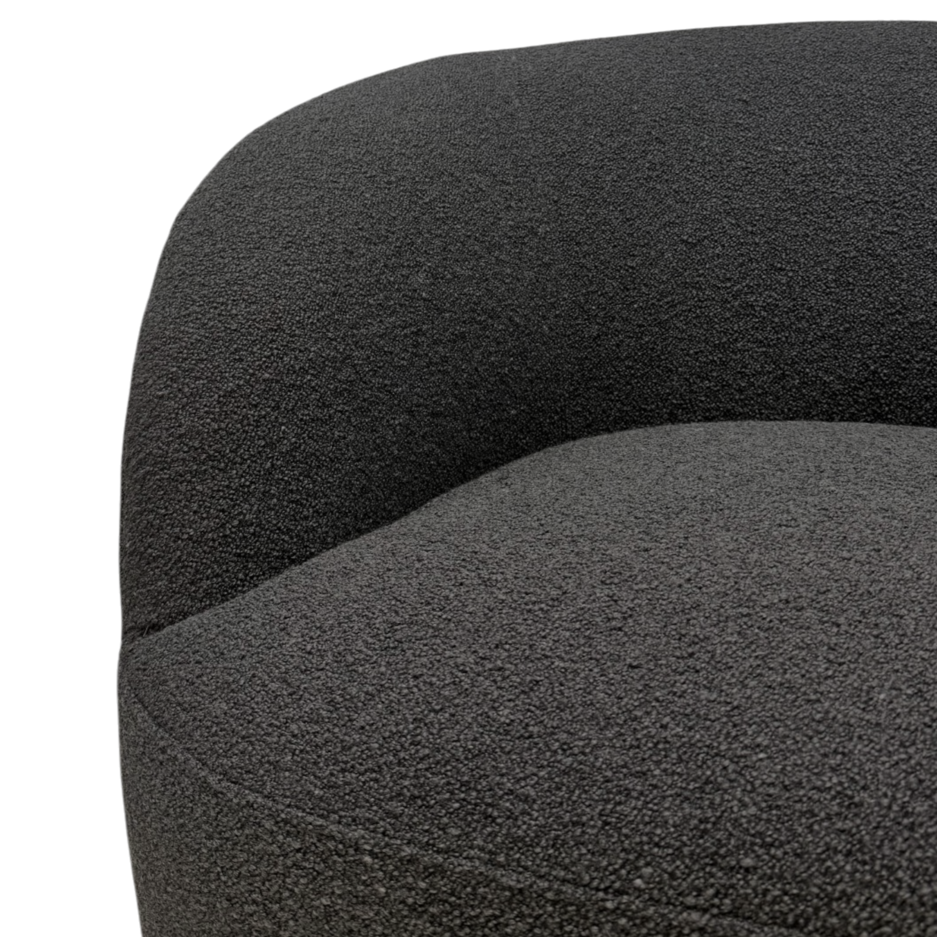 Close-up of the Arcus Swivel Chair showing the curved back, seat edge, and soft charcoal textured fabric.