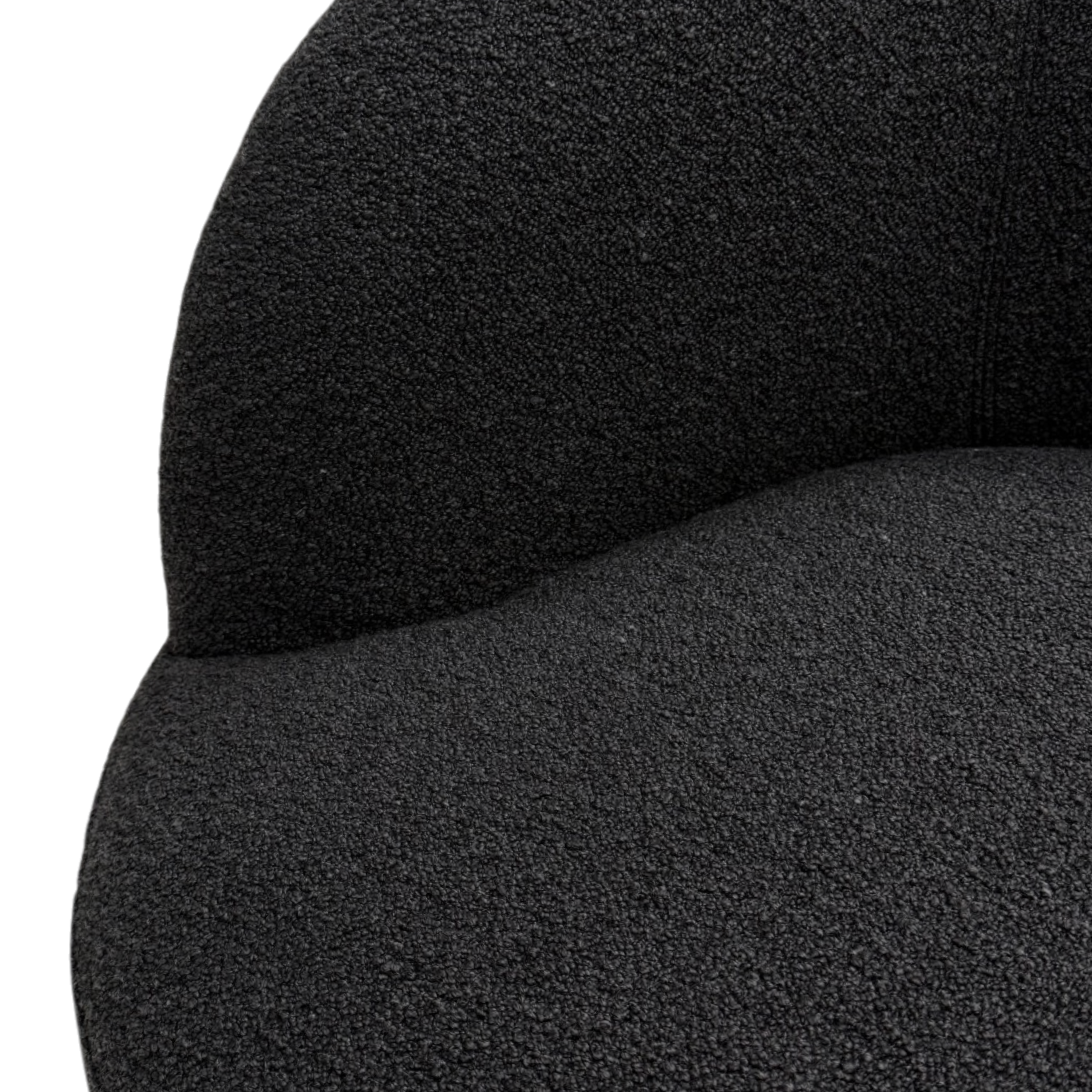 Close-up of the Arcus Swivel Chair showing the curved back, seat edge, and soft charcoal textured fabric.