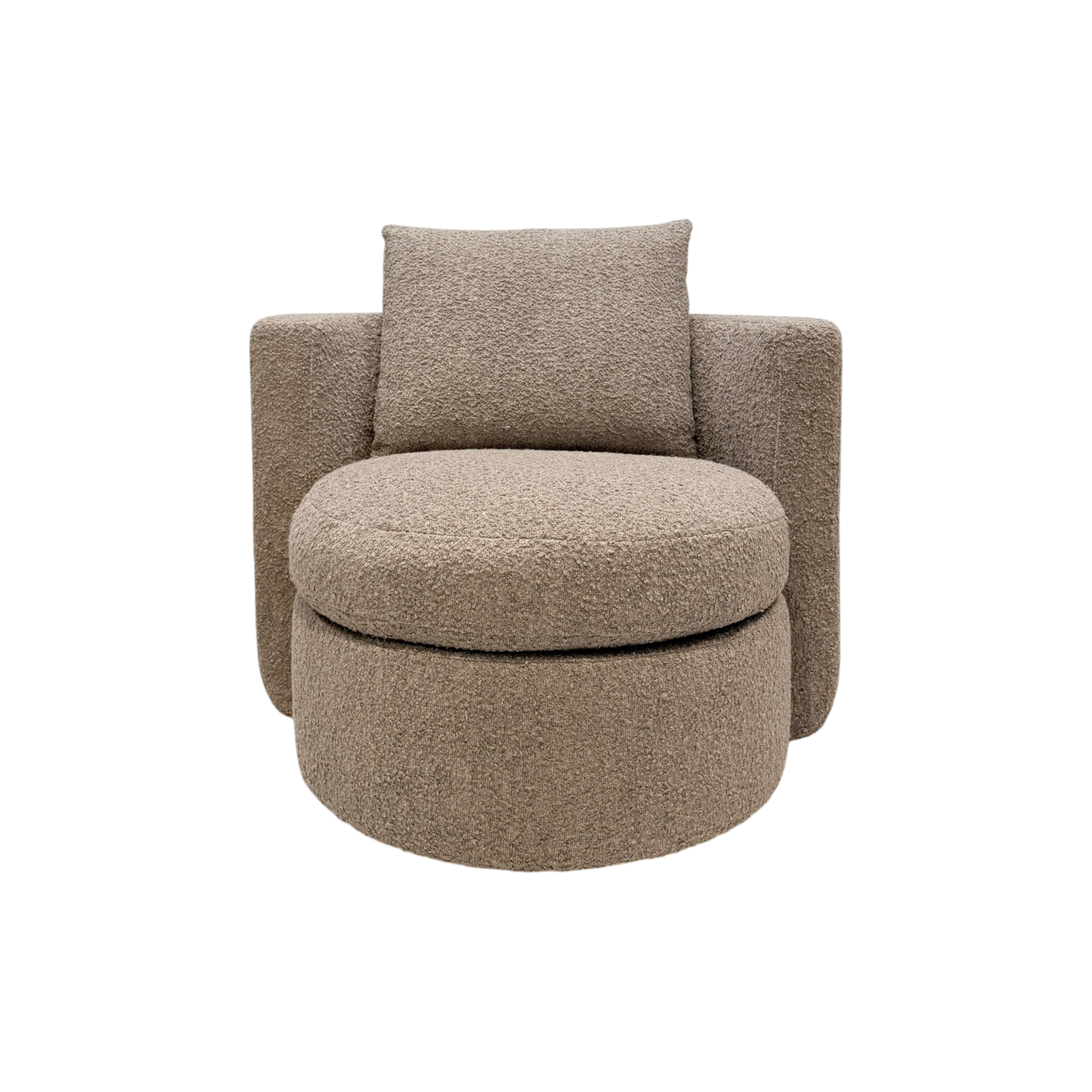 A modern round upholstered accent chair in a textured bouclé fabric, featuring a low circular seat base, wide armrests, and a matching square back cushion in a warm taupe-beige color.