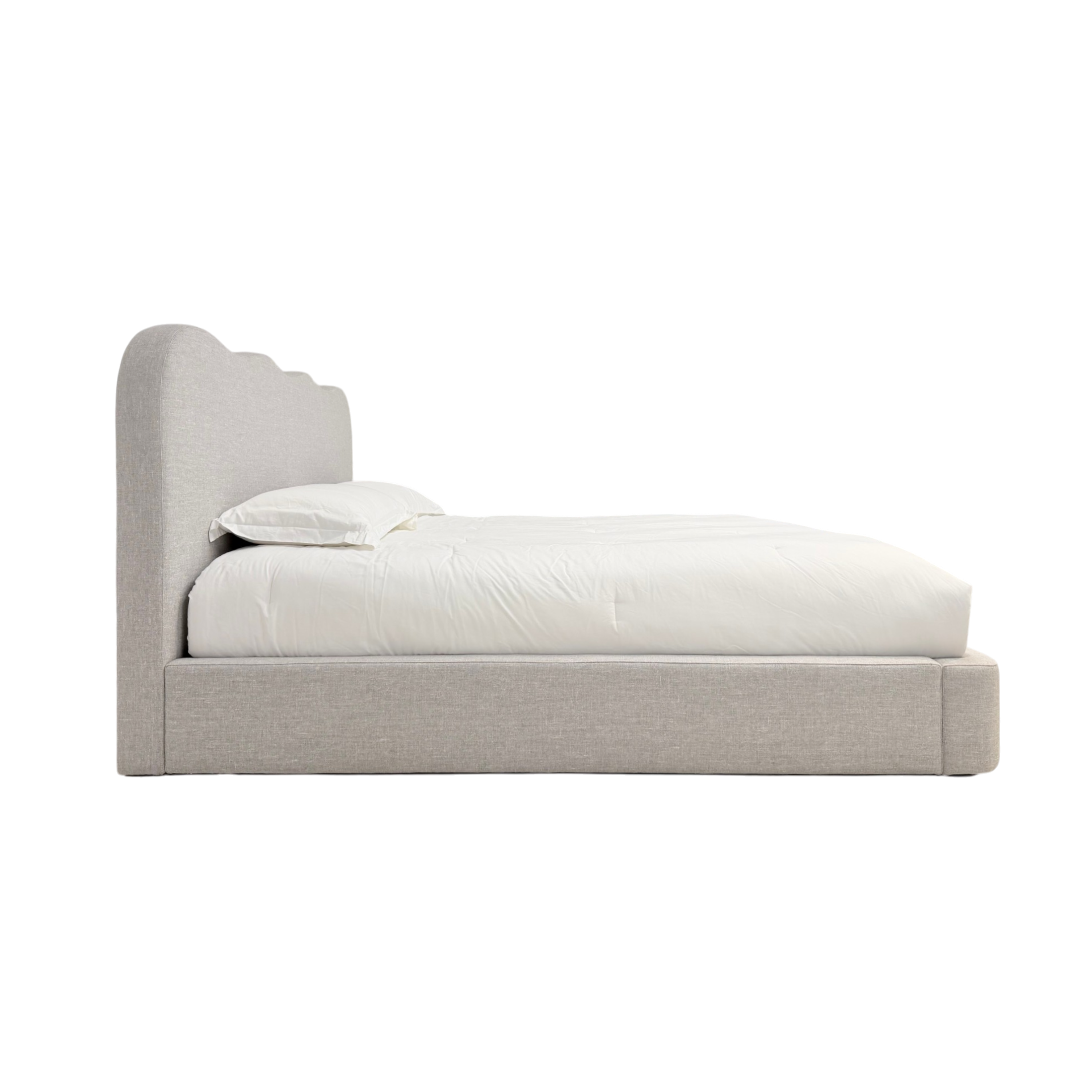 Sine King bed a light gray upholstered bed frame with a matching headboard and footboard, shown with white bedding and a white pillow on a plain white background.