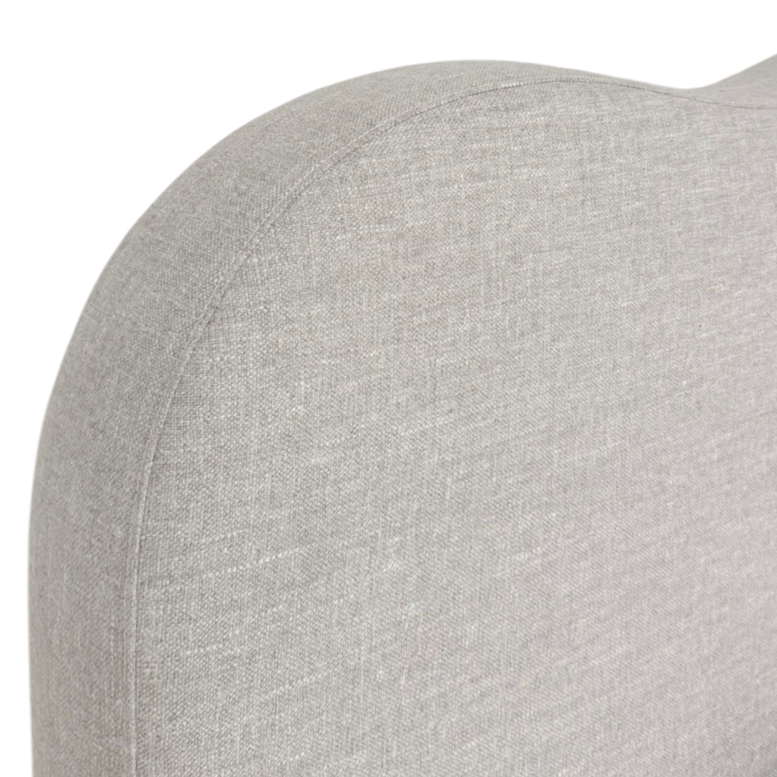 Sine King Bed close-up of a light gray textured fabric upholstered curved armrest against a white background.