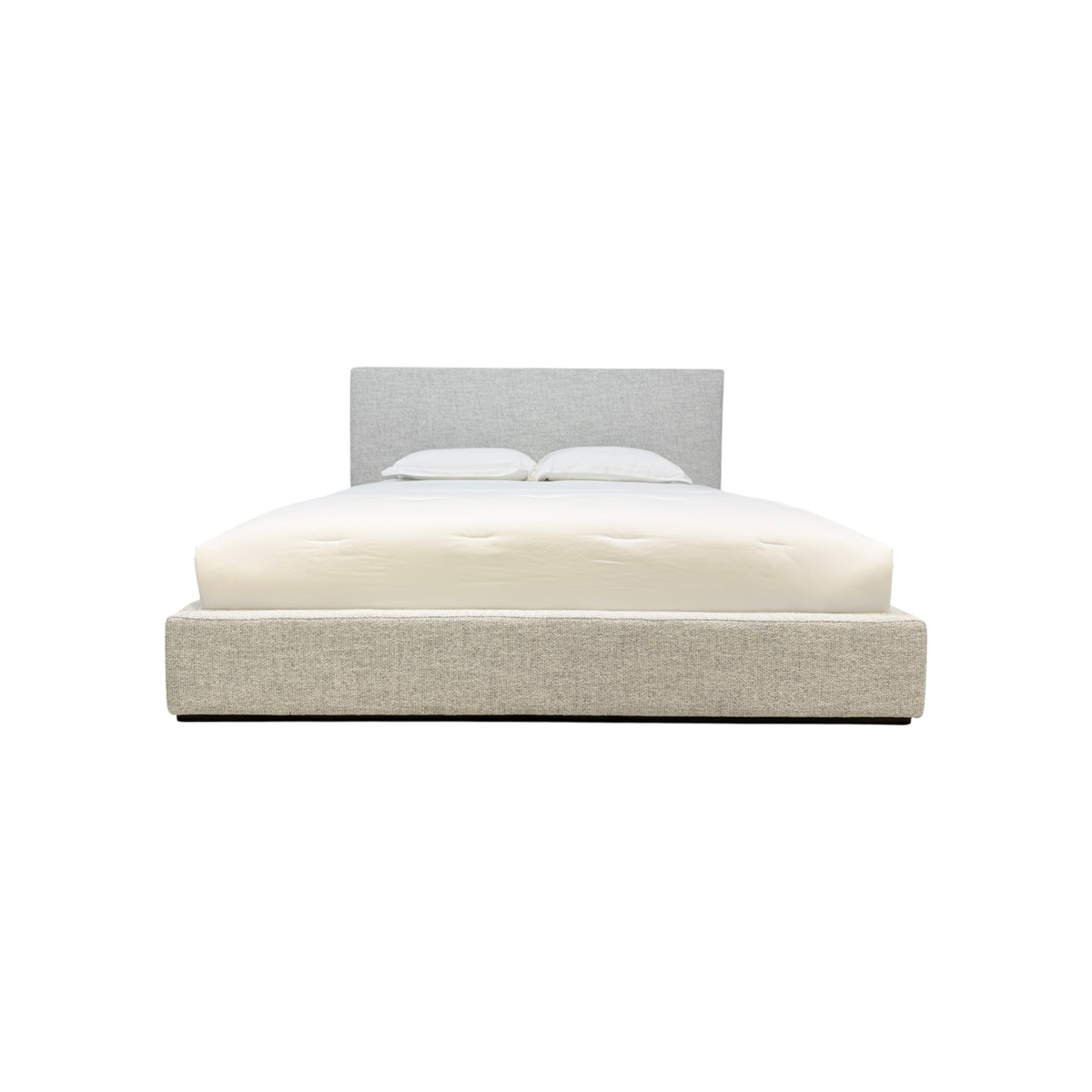 Vital King Bed in textured grey-and-ivory upholstery, front view with tall rectangular headboard and low platform frame.
