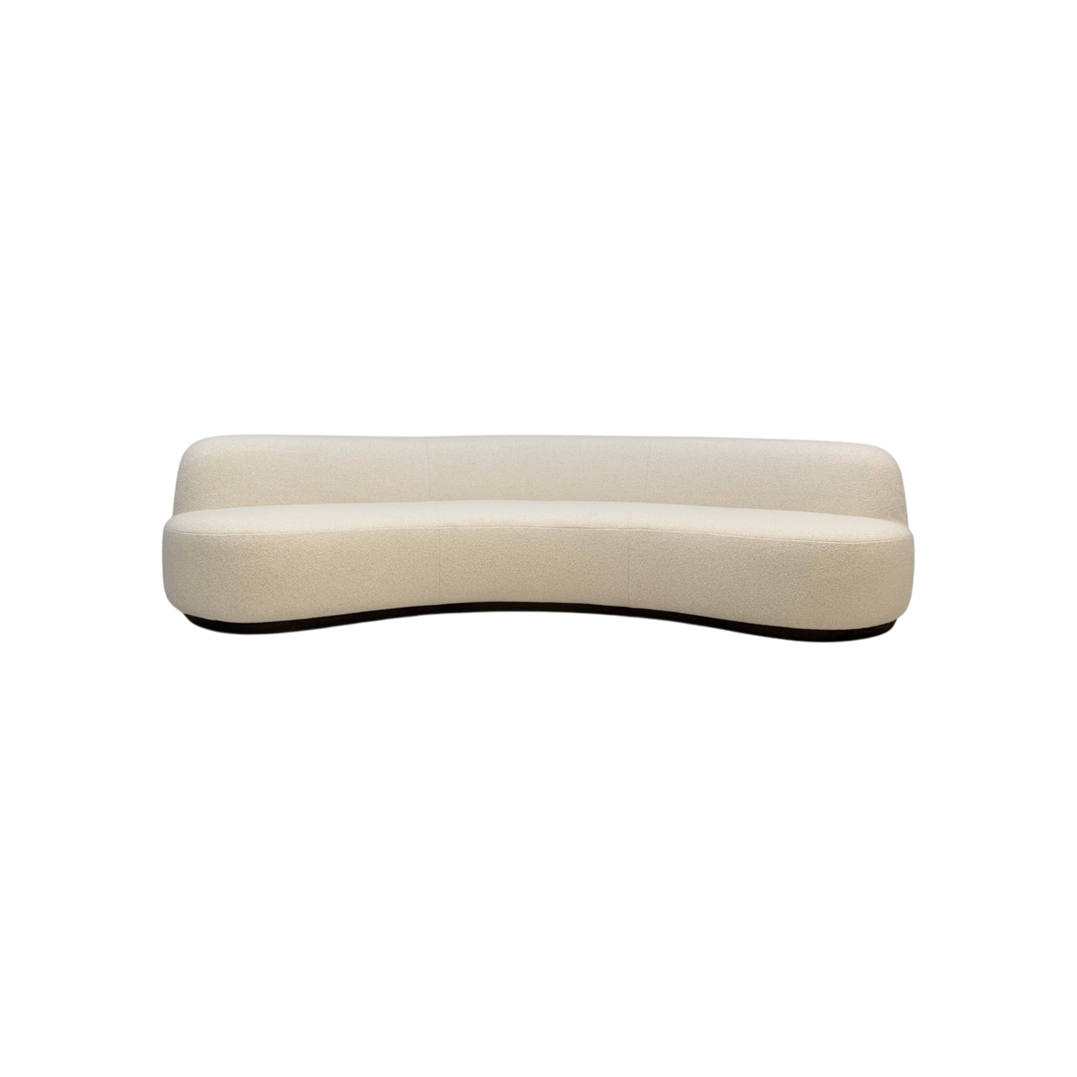 Rhine 120" Sofa in ivory bouclé, front view highlighting its sweeping serpentine silhouette and dark grey oak plinth base.