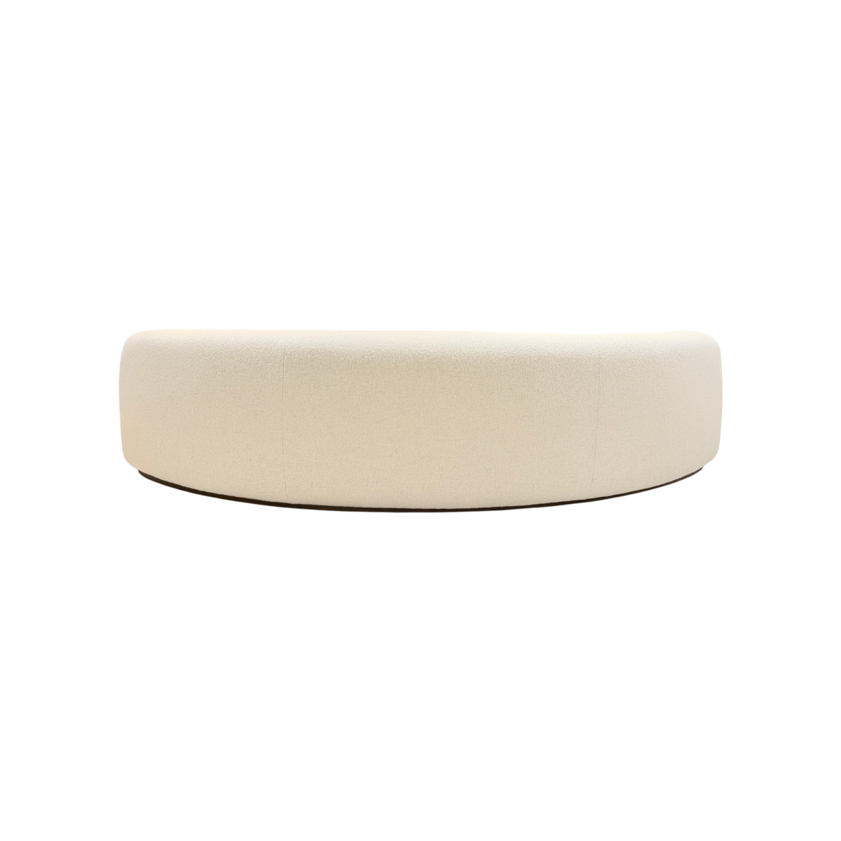 Rhine 120" Sofa in ivory bouclé, rear view showing the continuous curved back and slim dark grey oak plinth base.