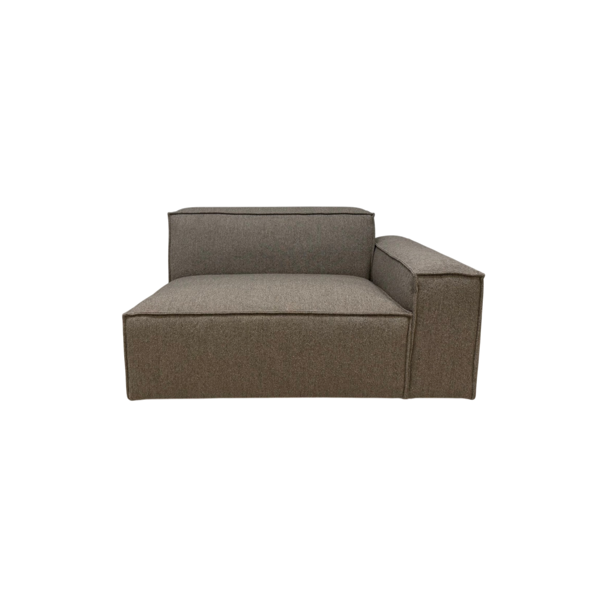 Vetro Modular RAF Chair in heathered brown upholstery, front view with a deep low-slung seat, cushioned back and wide right track arm.